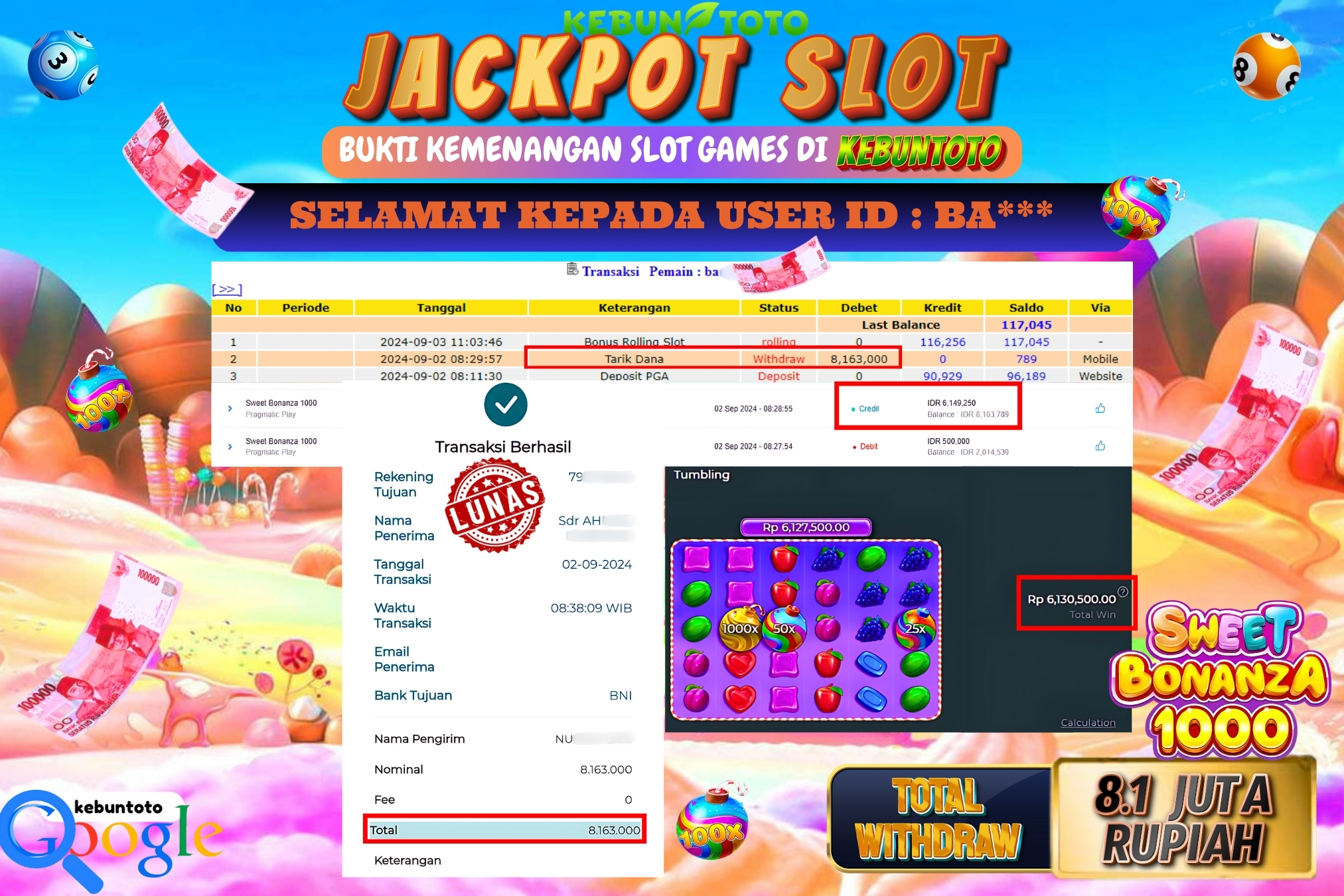 KEBUNTOTO JACKPOT SLOT SWEET BONANZA 1000 Rp.8.163.000,- LUNAS