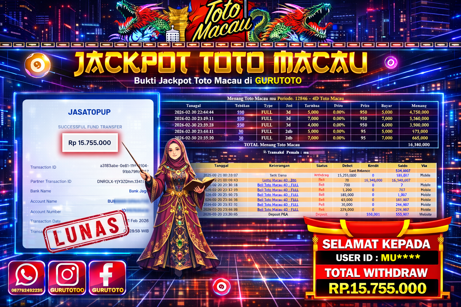 Bukti Kemenangan Rp 15.755.000 TOTO MACAU di GURUTOTO !