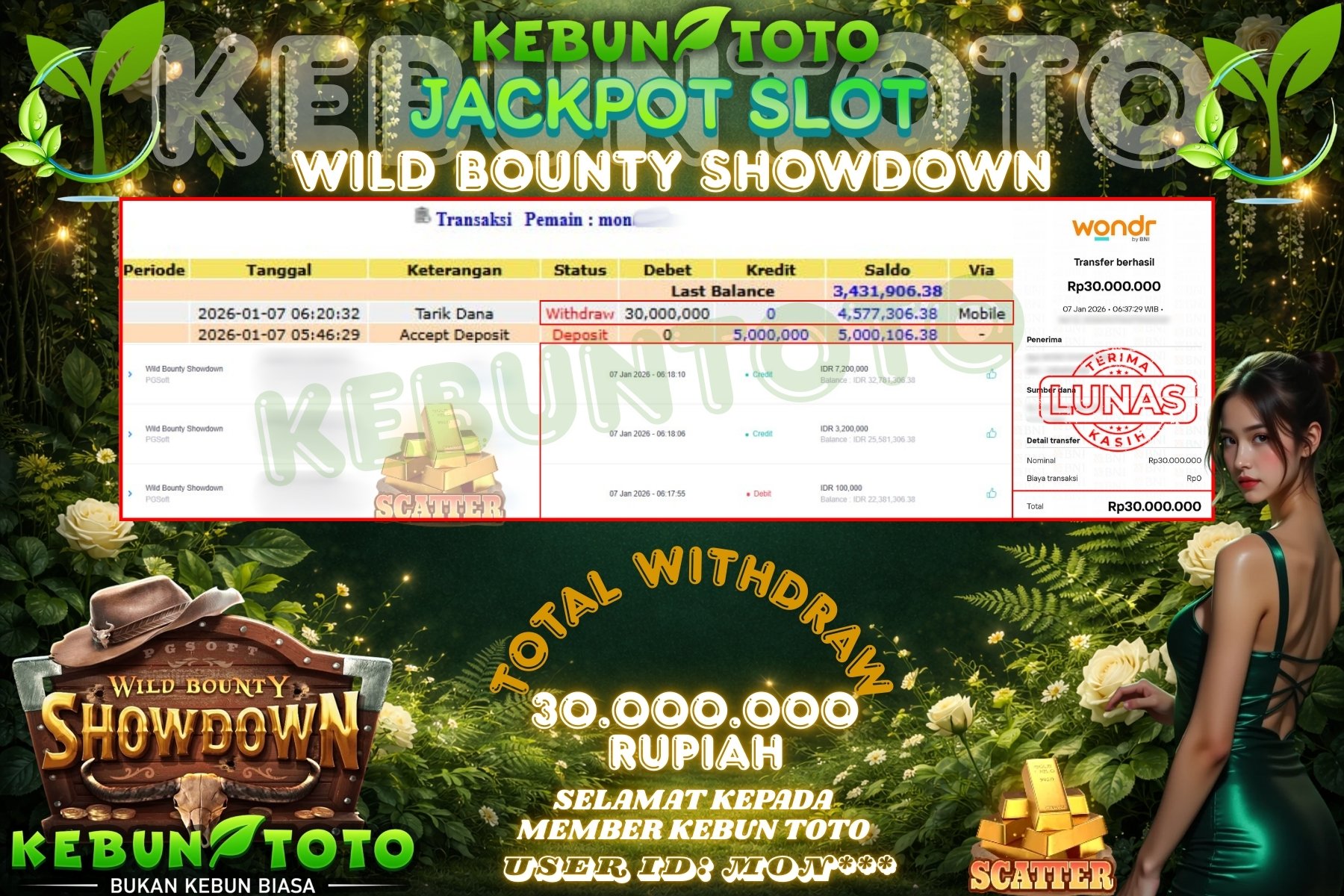 Bukti Kemenangan Rp 30.000.000 SLOT WILD BOUNTY SHOWDOWN di KEBUNTOTO!