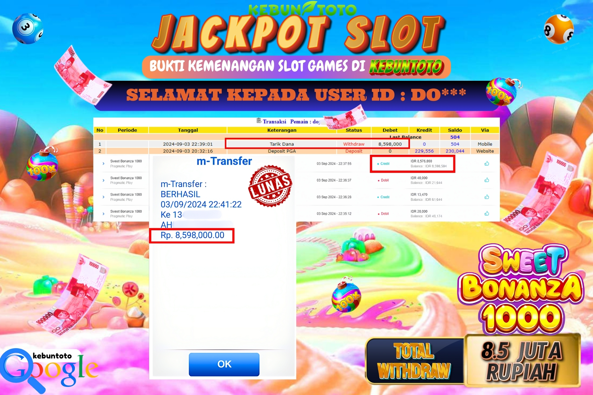 KEBUNTOTO JACKPOT SLOT SWEET BONANZA 1000 Rp.8.598.000,- LUNAS