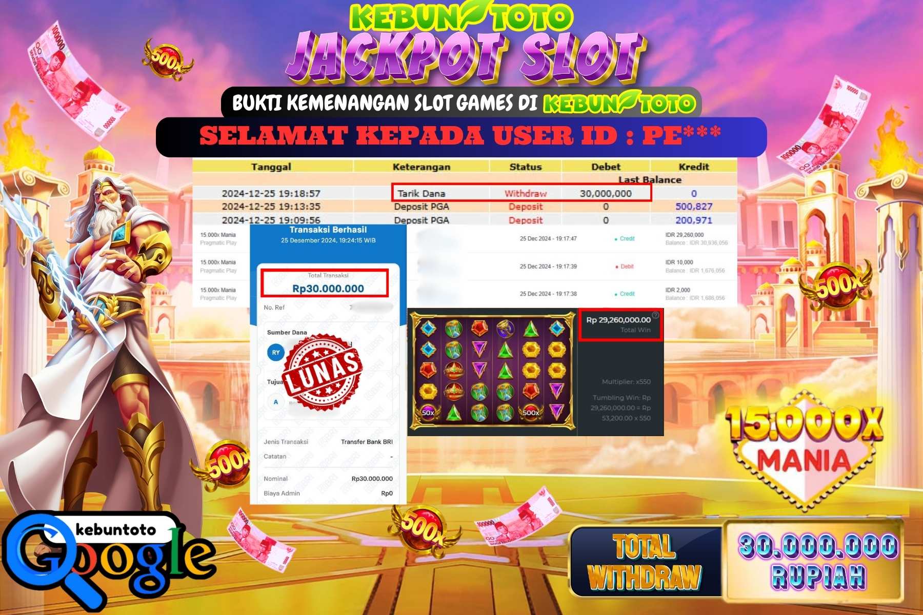 KEBUNTOTO JACKPOT SLOT 15.000X MANIA , Sebesar Rp.30.000.000,- LUNAS