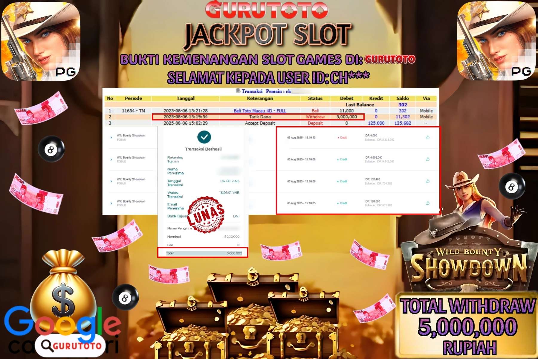 Bukti Kemenangan Rp 5.000.000 SLOT WILD BOUNTY SHOWDOWN di GURUTOTO!