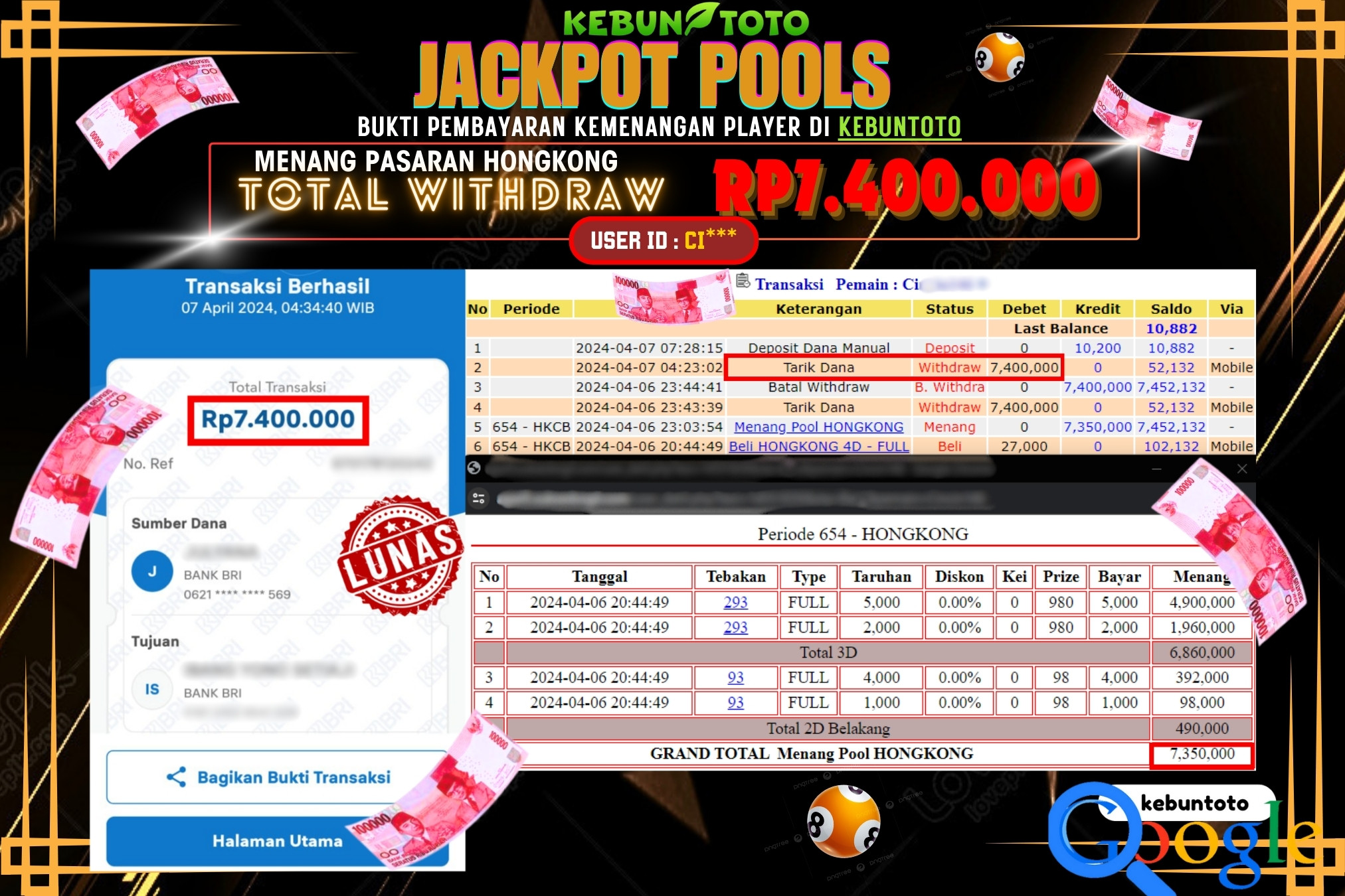 KEBUNTOTO JACKPOT TOGEL PASARAN HONGKONG Rp.7.400.000,- LUNAS