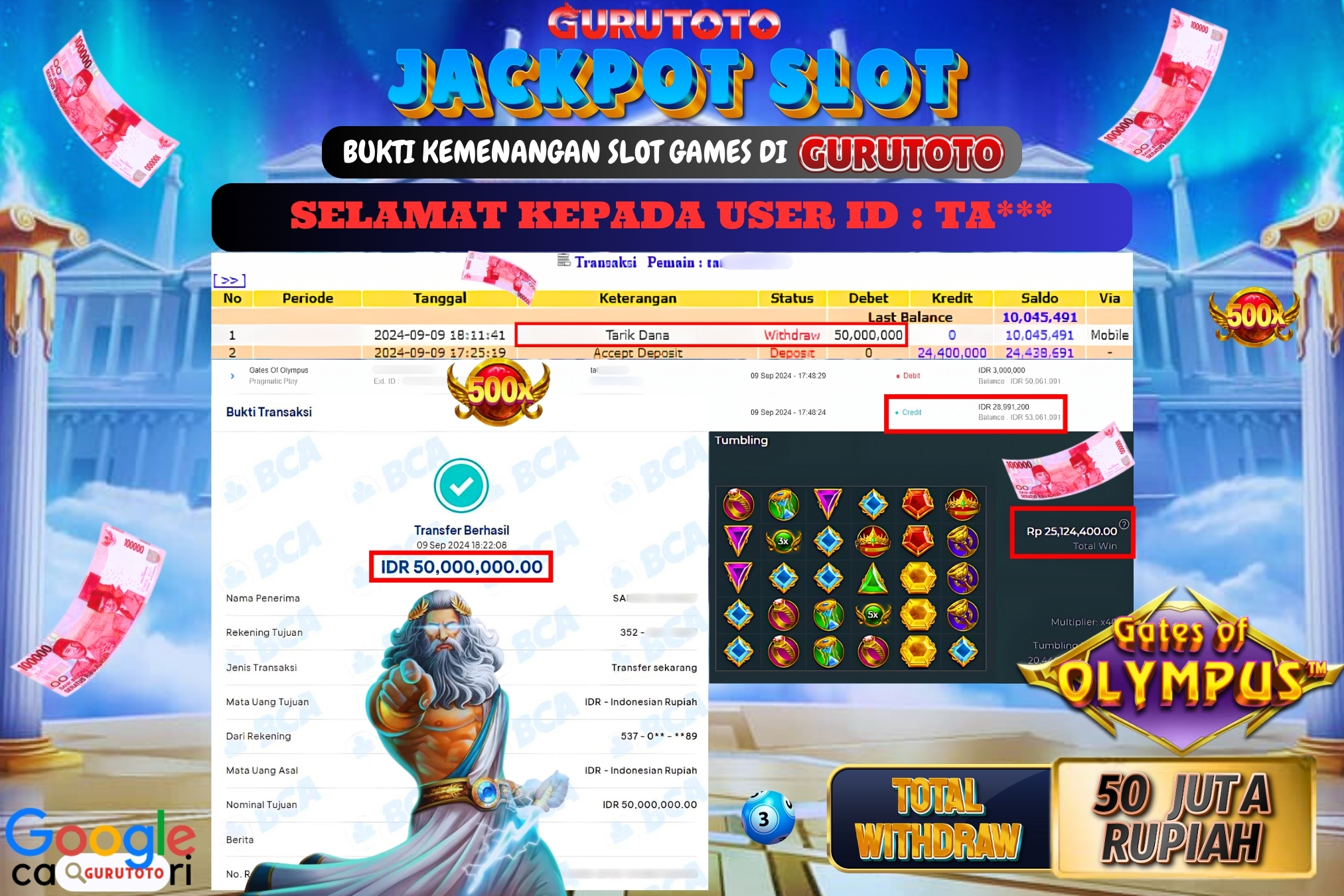 Jackpot Slot Gates of Olympus di Gurutoto sebesar Rp.50.000.000 dibayar lunas.
