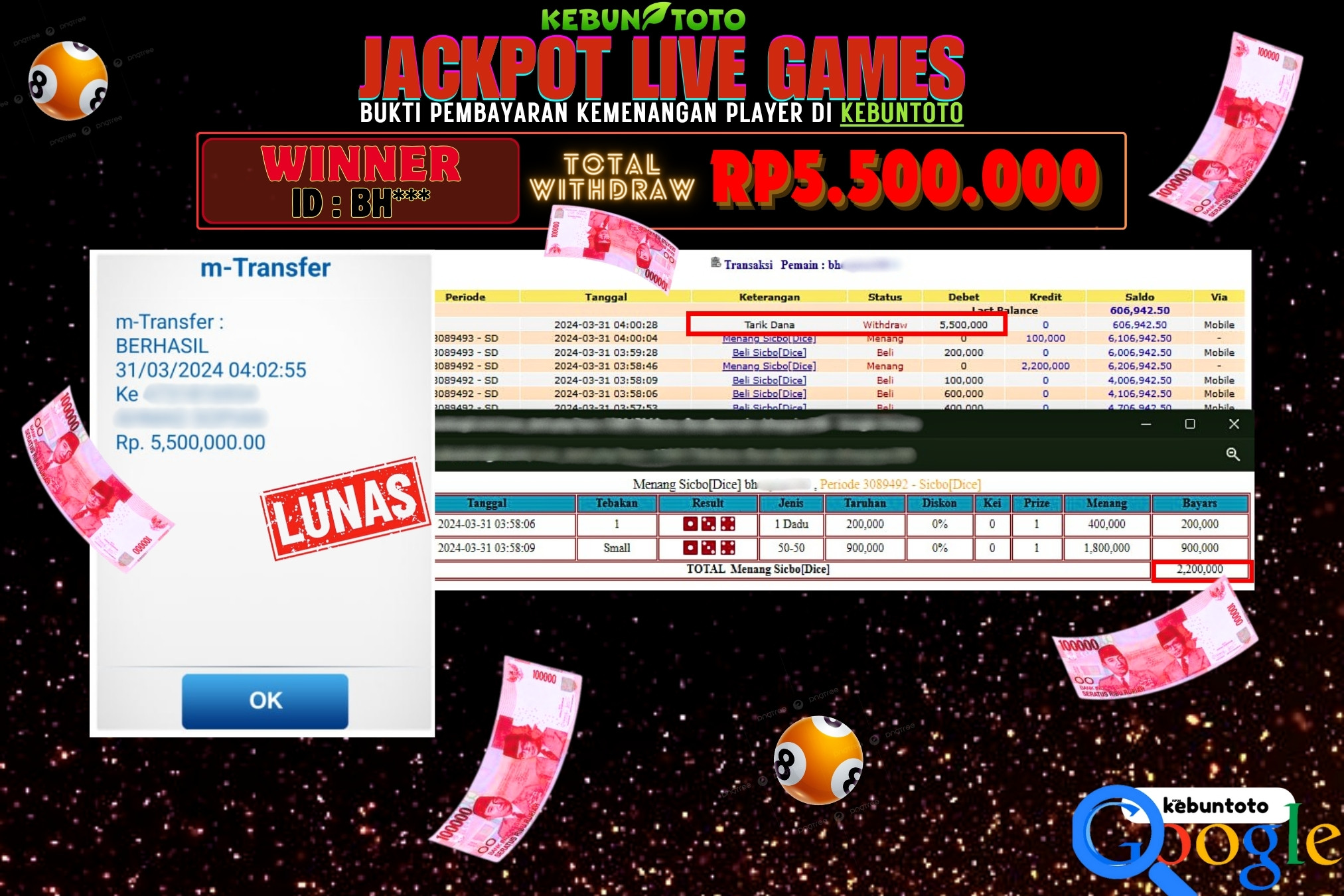 KEBUNTOTO JACKPOT LIVE SICBO (DICE) Rp.5.500.000,- LUNAS