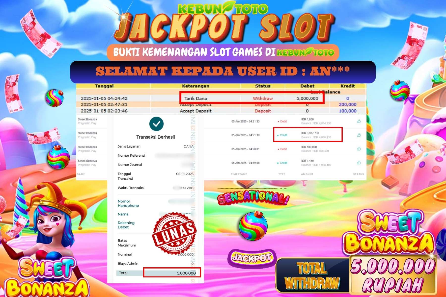 KEBUNTOTO JACKPOT SLOT SWEET BONANZA , Sebesar Rp.5.000.000,- LUNAS