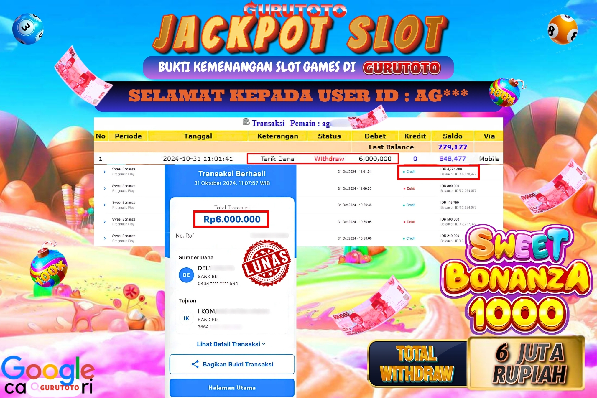 Jackpot Slot Sweet Bonanza 1000 di Gurutoto sebesar Rp.6.000.000 dibayar lunas.