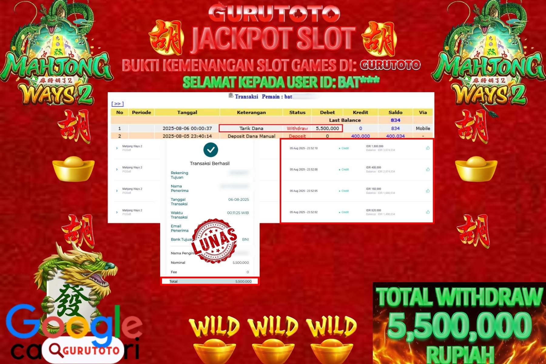 Bukti Kemenangan Rp 5.500.000 SLOT MAHJONG WAYS 2 di GURUTOTO!