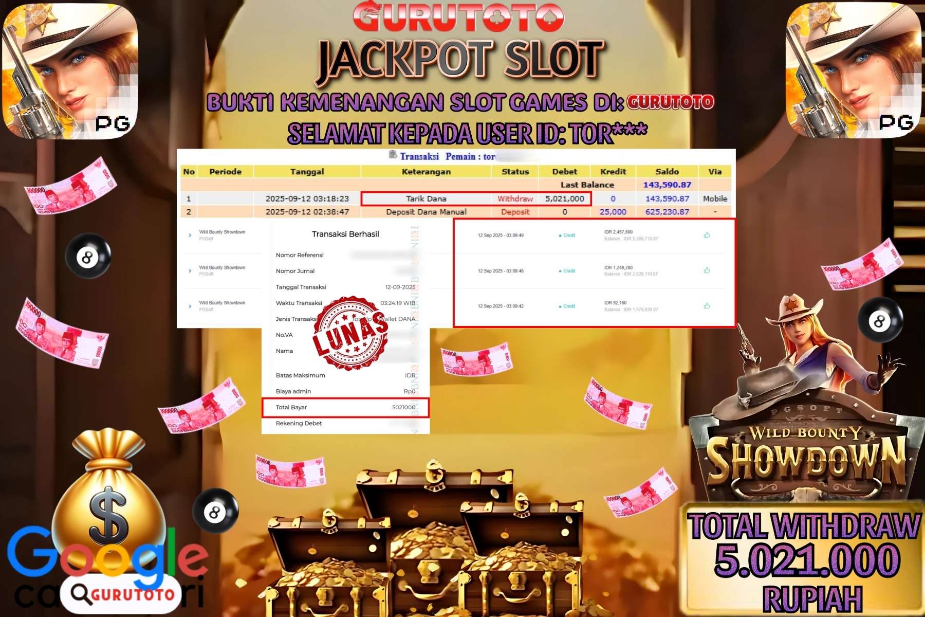 Bukti Kemenangan Rp 5.021.000 SLOT WILD BOUNTY SHOWDOWN di GURUTOTO!