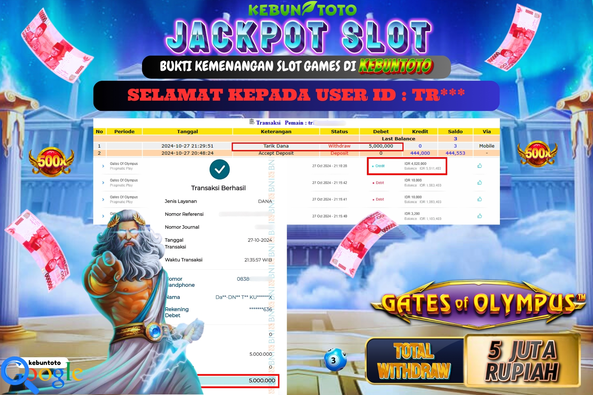 KEBUNTOTO JACKPOT SLOT GATES OF OLYMPUS Rp.5.000.000,- LUNAS