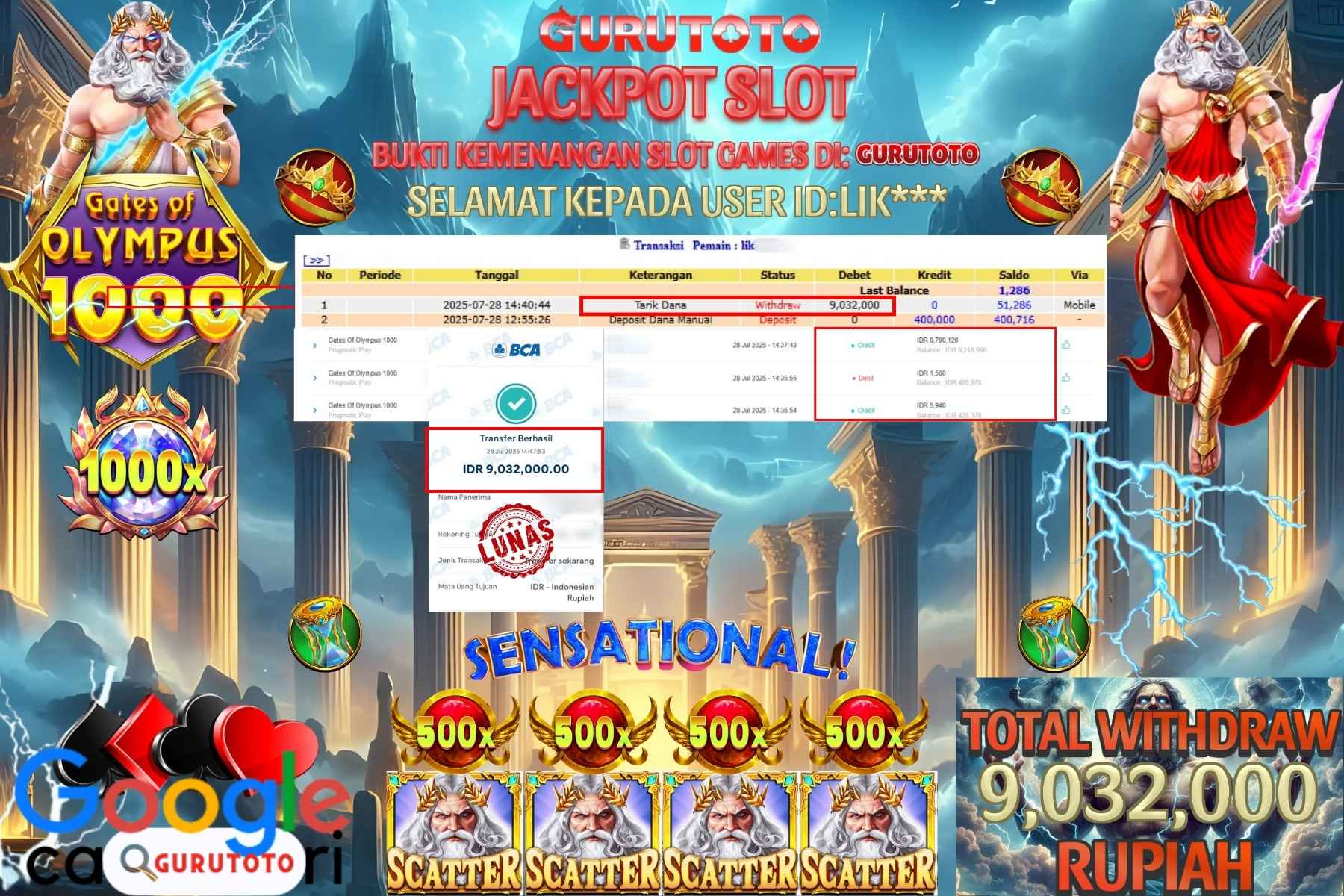 Bukti Kemenangan Rp 9.032.000 SLOT GATES OF OLYMPUS 1000 di GURUTOTO!
