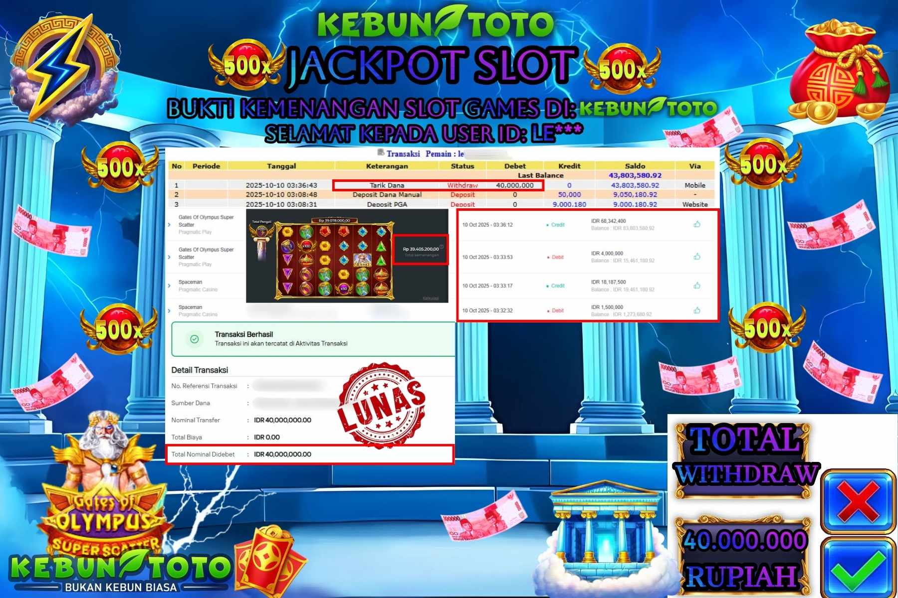 Bukti Kemenangan Rp 40.000.000 SLOT GATES OF OLYMPUS  SUPER SCATTER di KEBUNTOTO!
