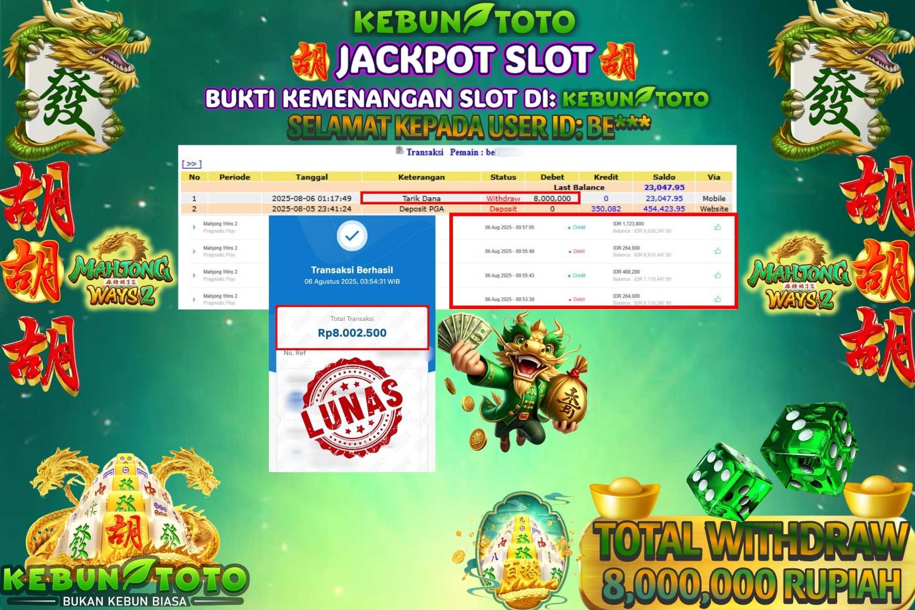 Bukti Kemenangan Rp 8.000.000 SLOT MAHJONG WAYS 2 di KEBUNTOTO!