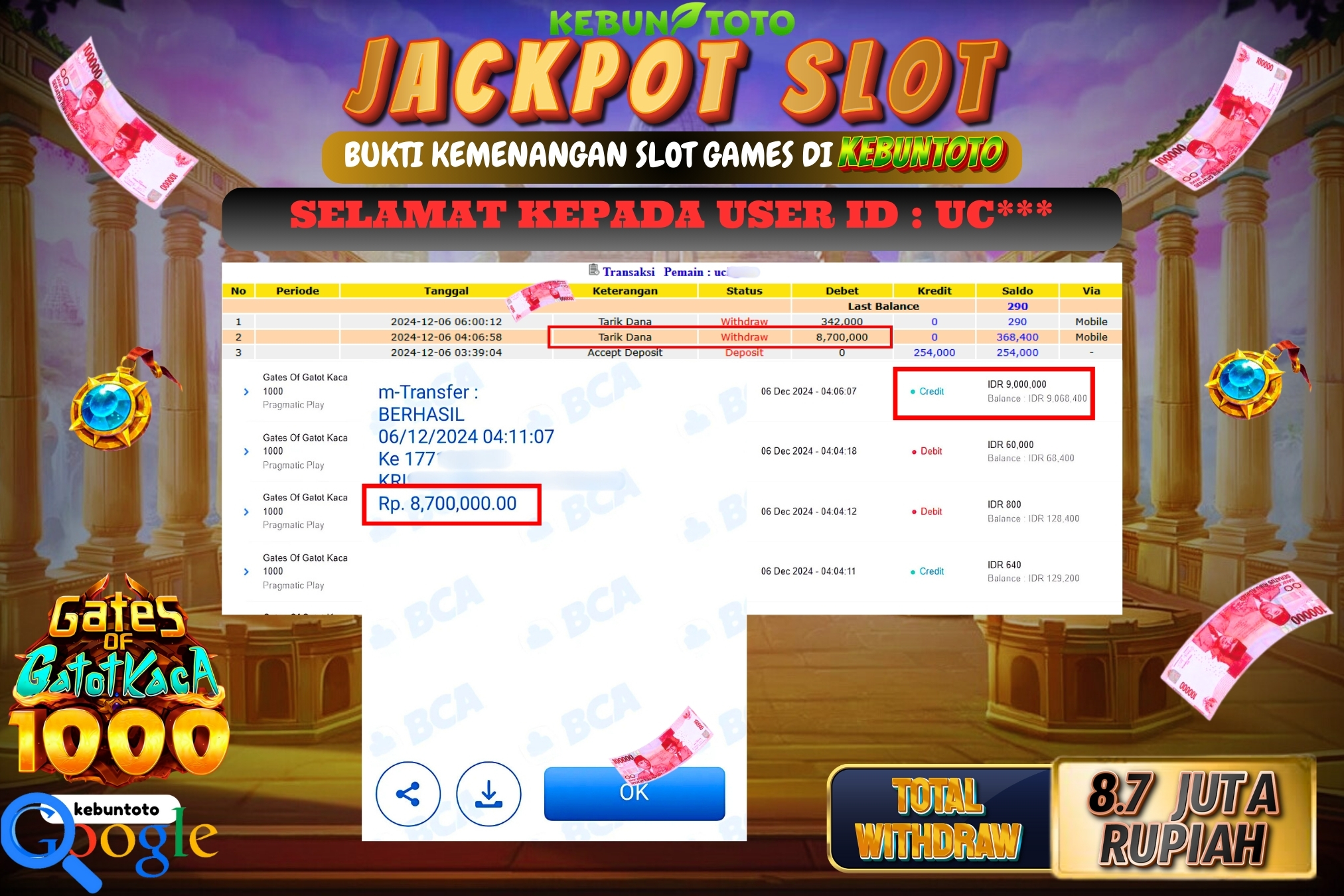 KEBUNTOTO JACKPOT SLOT GATES OF GATOTKACA 1000 Rp.8.700.000,- LUNAS