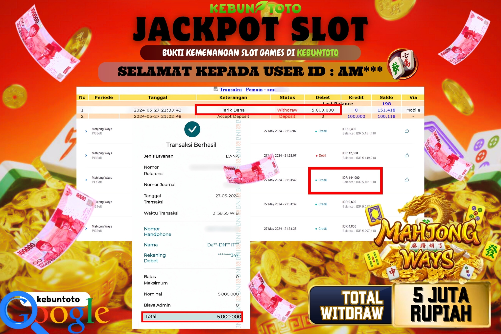 KEBUNTOTO JACKPOT SLOT MAHJONG WAYS Rp.5.000.000,- LUNAS