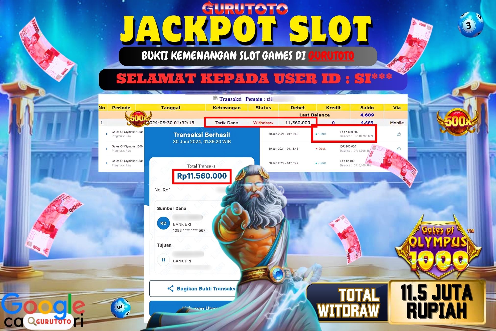 Jackpot Slot Gates of Olympus 1000 di Gurutoto sebesar Rp.11.560.000 dibayar lunas.