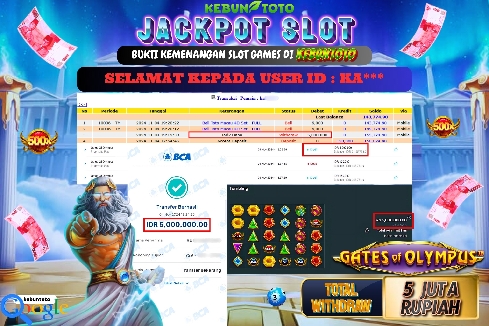 KEBUNTOTO JACKPOT SLOT GATES OF OLYMPUS Rp.5.000.000,- LUNAS