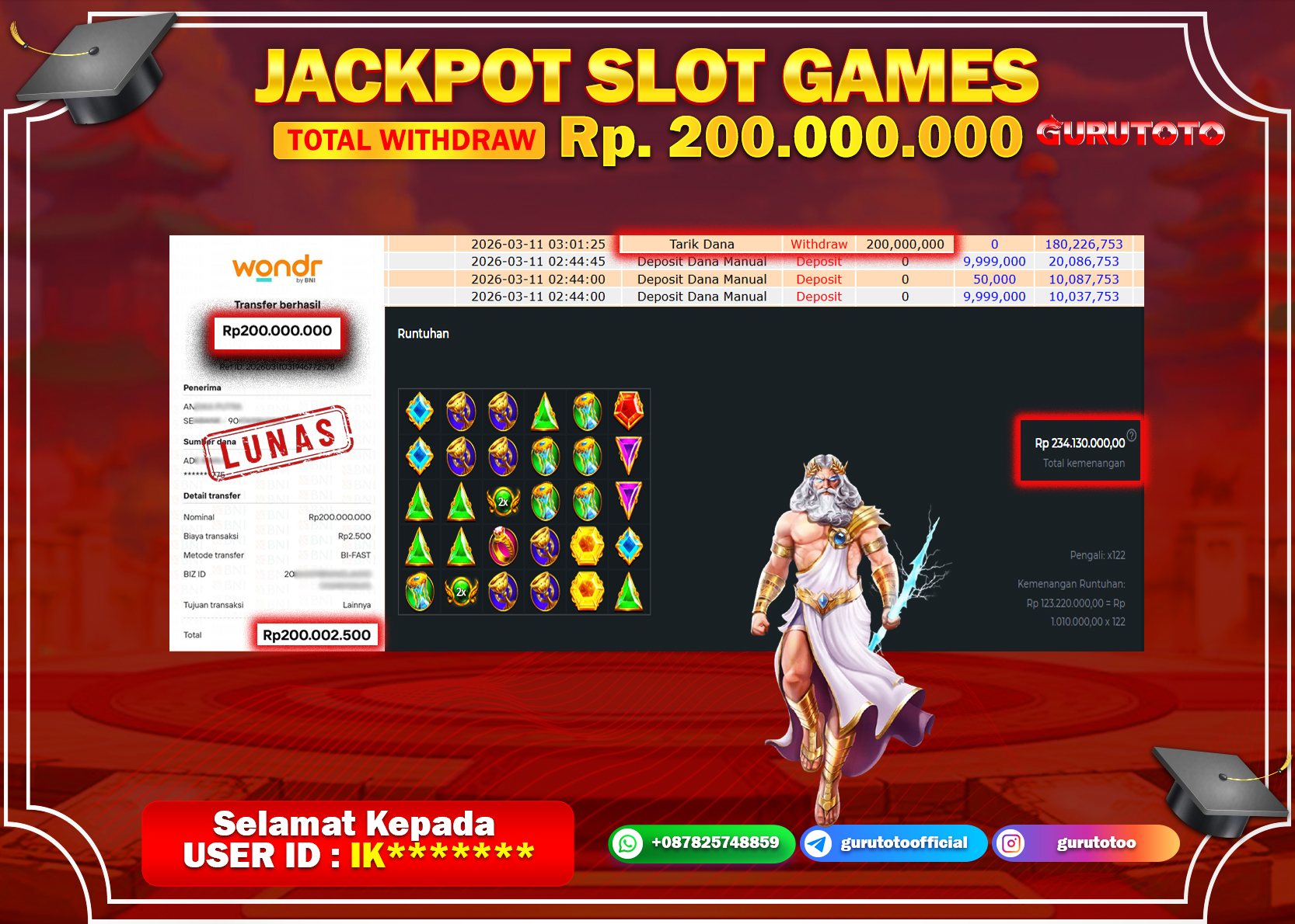 Bukti Kemenangan Rp 200.000.000 GATES OF OLYMPUS di GURUTOTO !