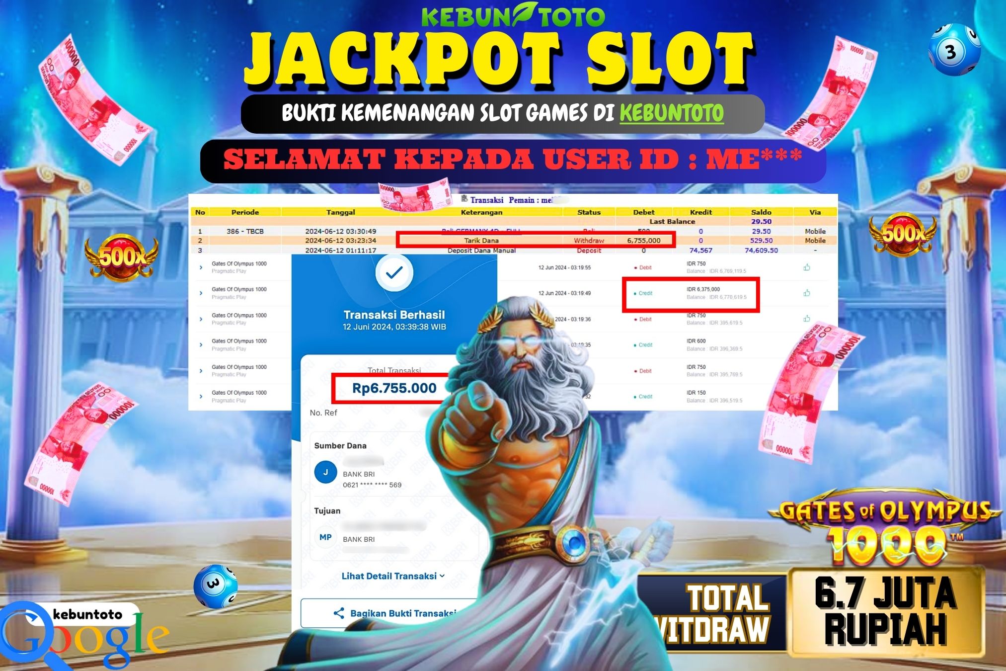 KEBUNTOTO JACKPOT SLOT GATES OF OLYMPUS 1000 Rp.6.755.000,- LUNAS