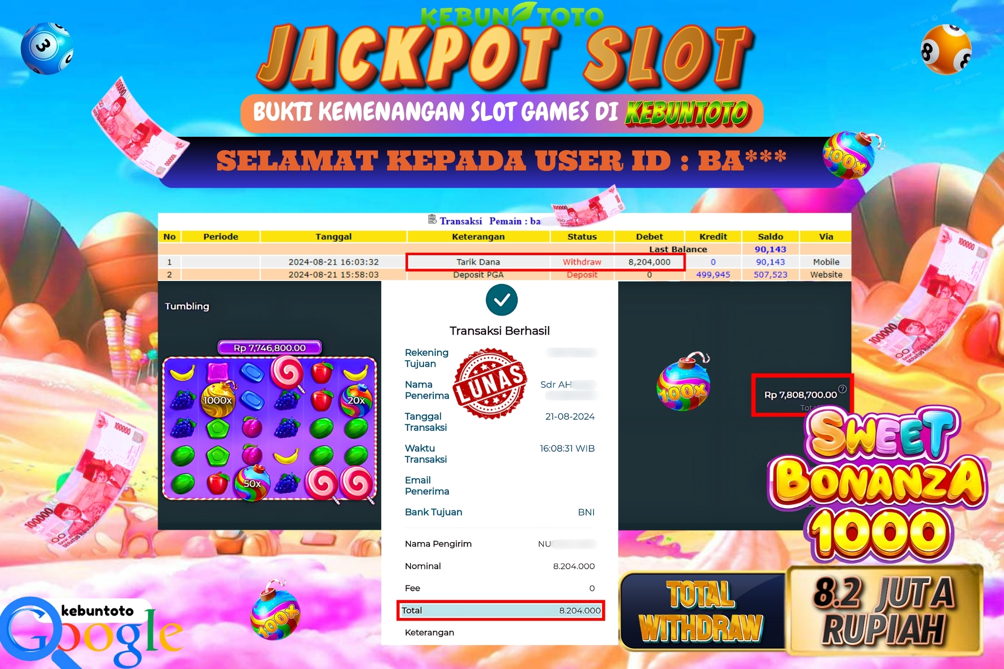 KEBUNTOTO JACKPOT SLOT SWEET BONANZA 1000 Rp.8.204.000,- LUNAS