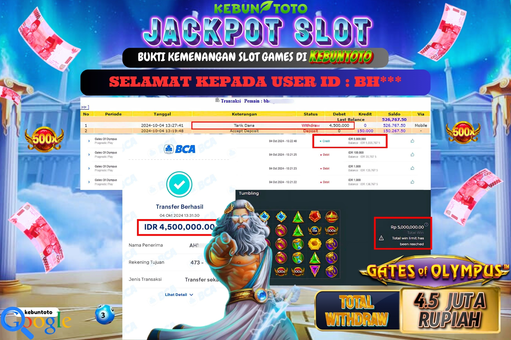 KEBUNTOTO JACKPOT SLOT GATES OF OLYMPUS Rp.4.500.000,- LUNAS