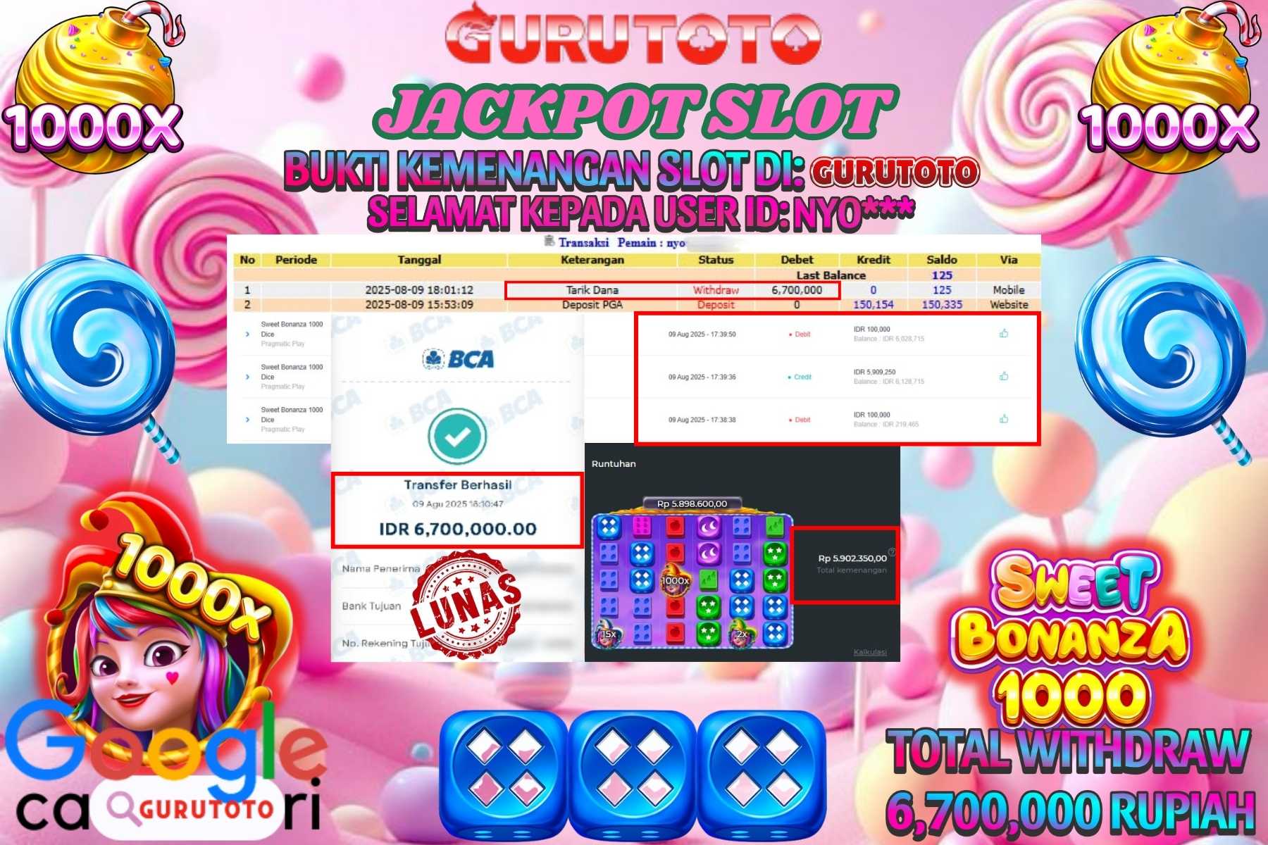 Bukti Kemenangan Rp 6.700.000 SLOT SWEET BONANZA 1000 DICE di GURUTOTO!