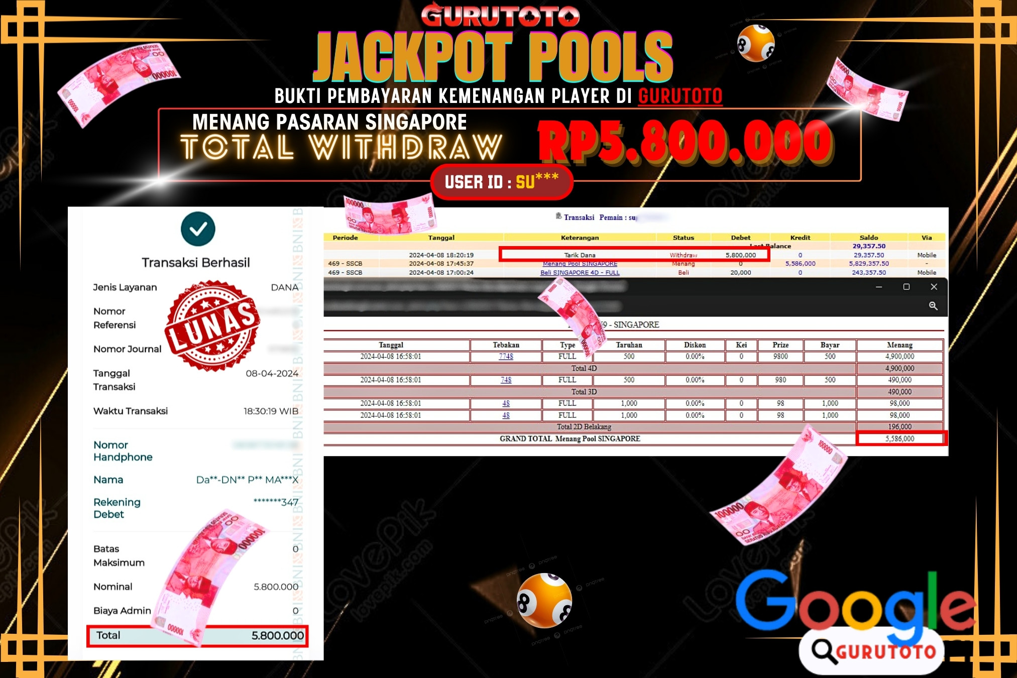 Jackpot Togel SINGAPORE di Gurutoto sebesar Rp.5.800.000 dibayar lunas.