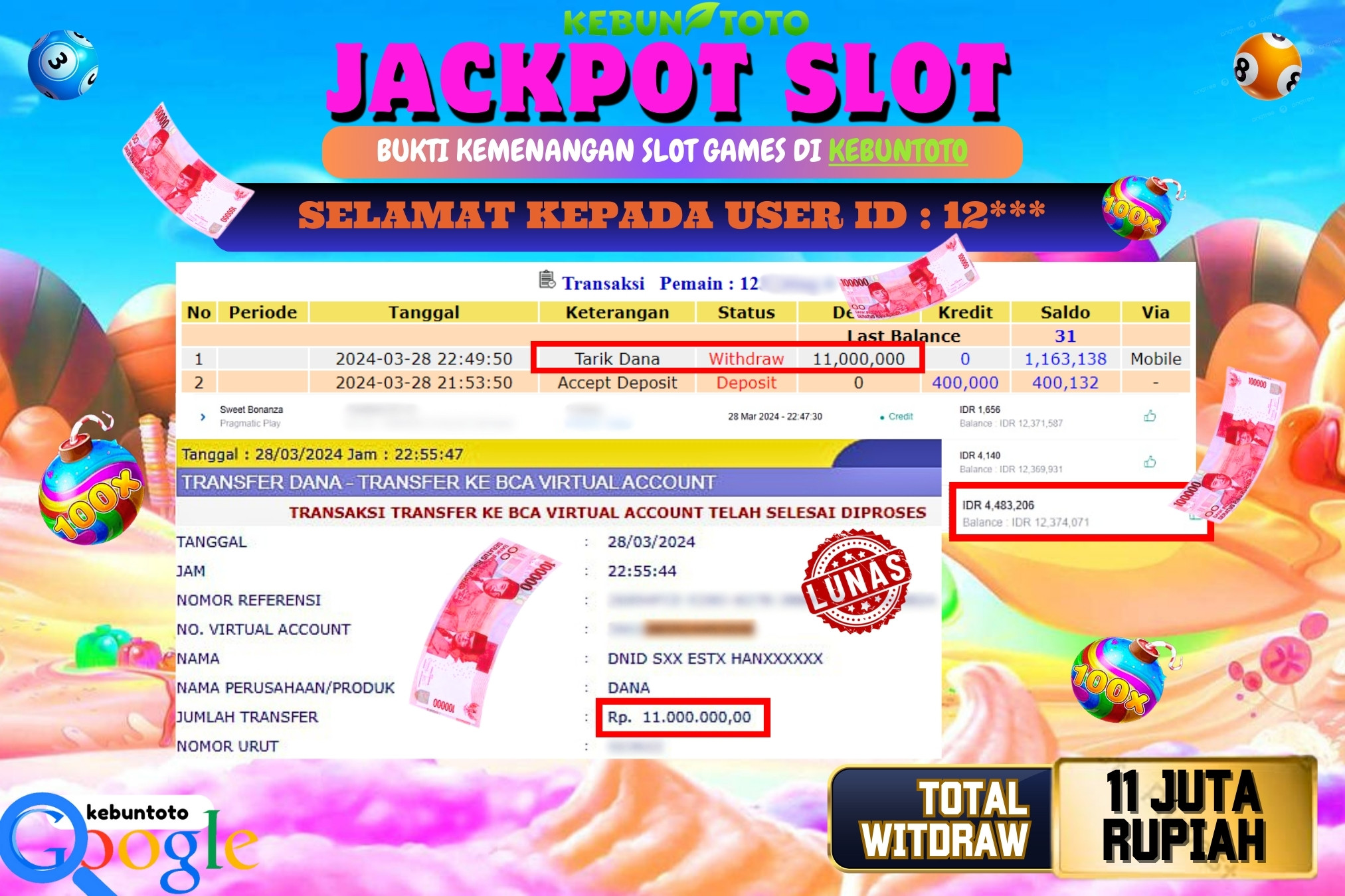 KEBUNTOTO JACKPOT SLOT SWEET BONANZA Rp.11.000.000,- LUNAS