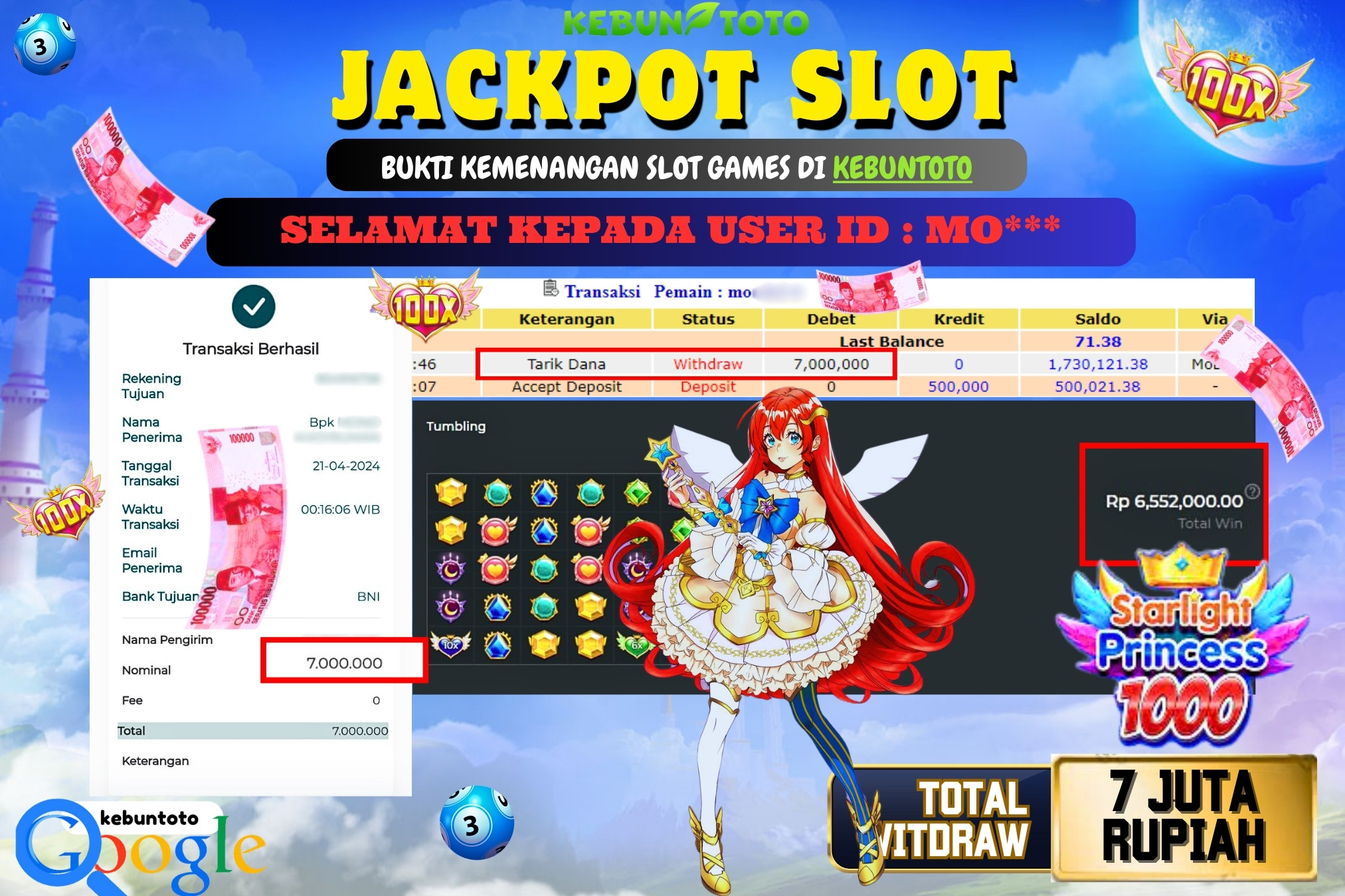 KEBUNTOTO JACKPOT SLOT STARLIGHT PRINCESS 1000 Rp.7.000.000,- LUNAS