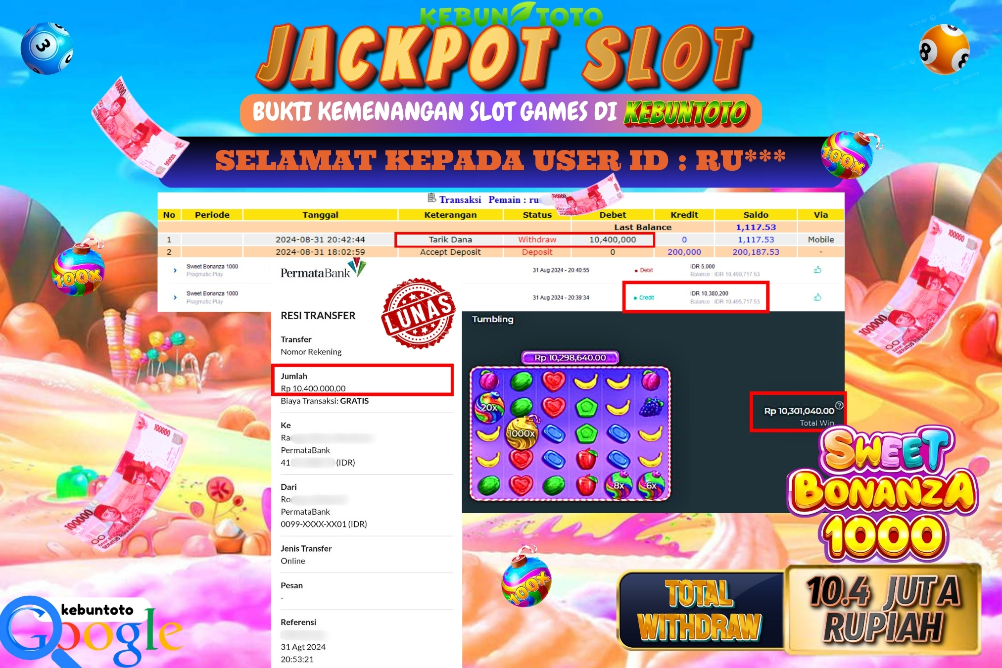 KEBUNTOTO JACKPOT SLOT SWEET BONANZA 1000 Rp.10.400.000,- LUNAS