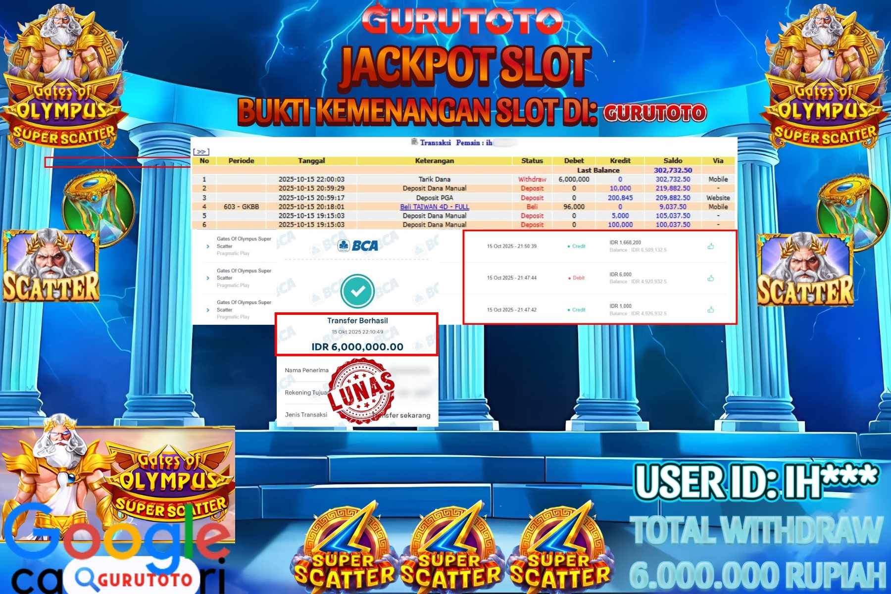 Bukti Kemenangan Rp 6.000.000 SLOT GATES OF OLYMPUS SUPER SCATTER di GURUTOTO!