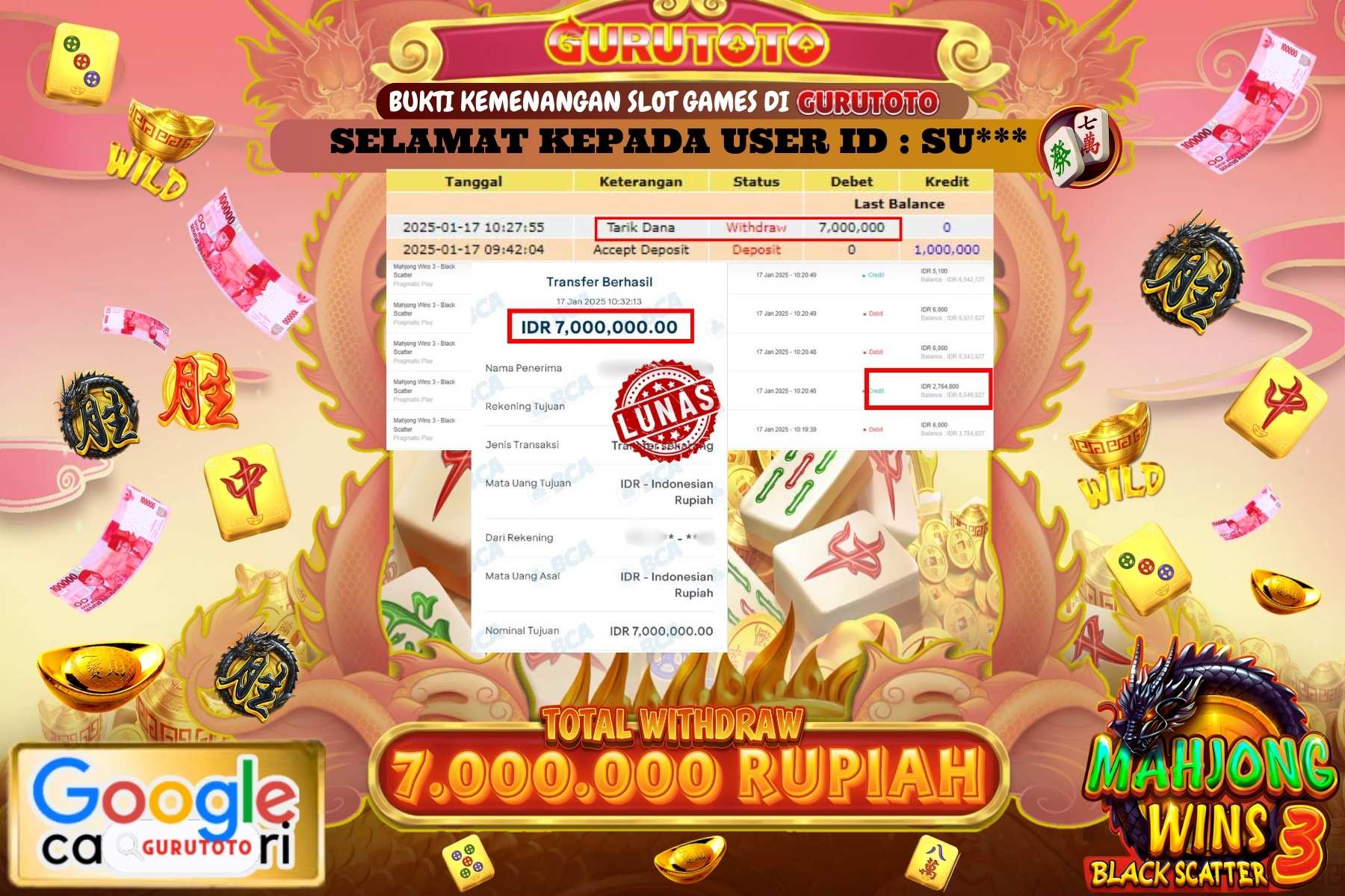 GURUTOTO, JACKPOT SLOT MAHJONG WAYS 3 sebesar Rp.7.000.000,- dibayar lunas.