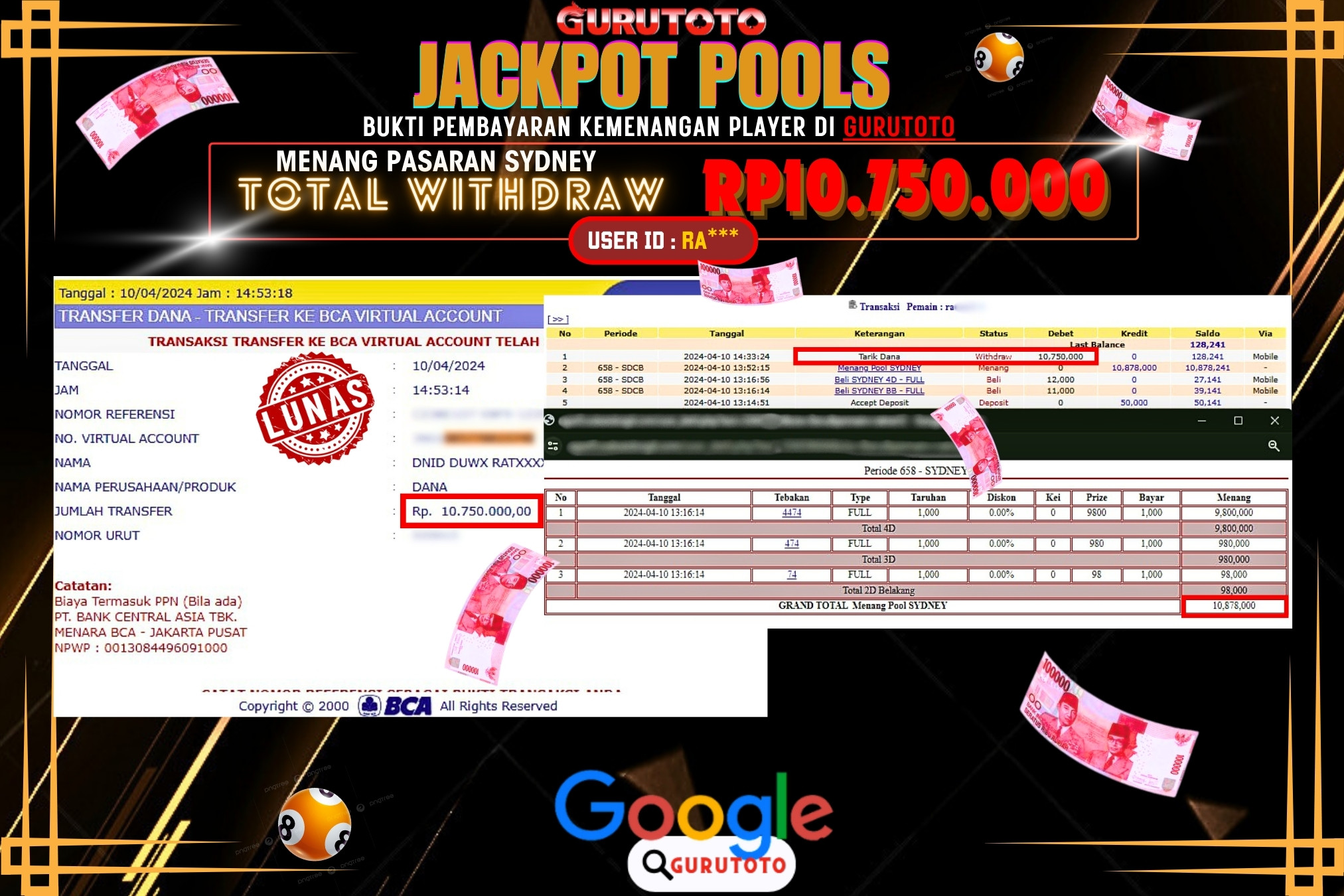 Jackpot Togel SYDNEY di Gurutoto sebesar Rp.10.750.000 dibayar lunas.