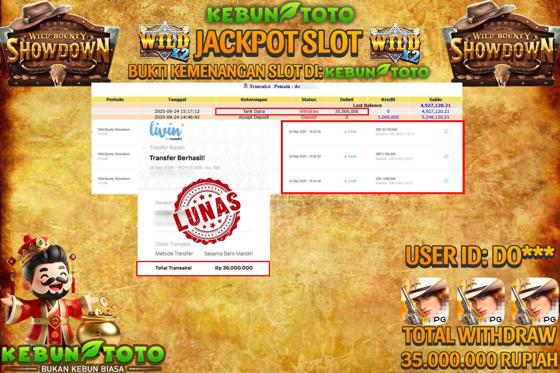Bukti Kemenangan Rp 35.000.000 SLOT WILD BOUNTY SHOWDOWN di KEBUNTOTO!