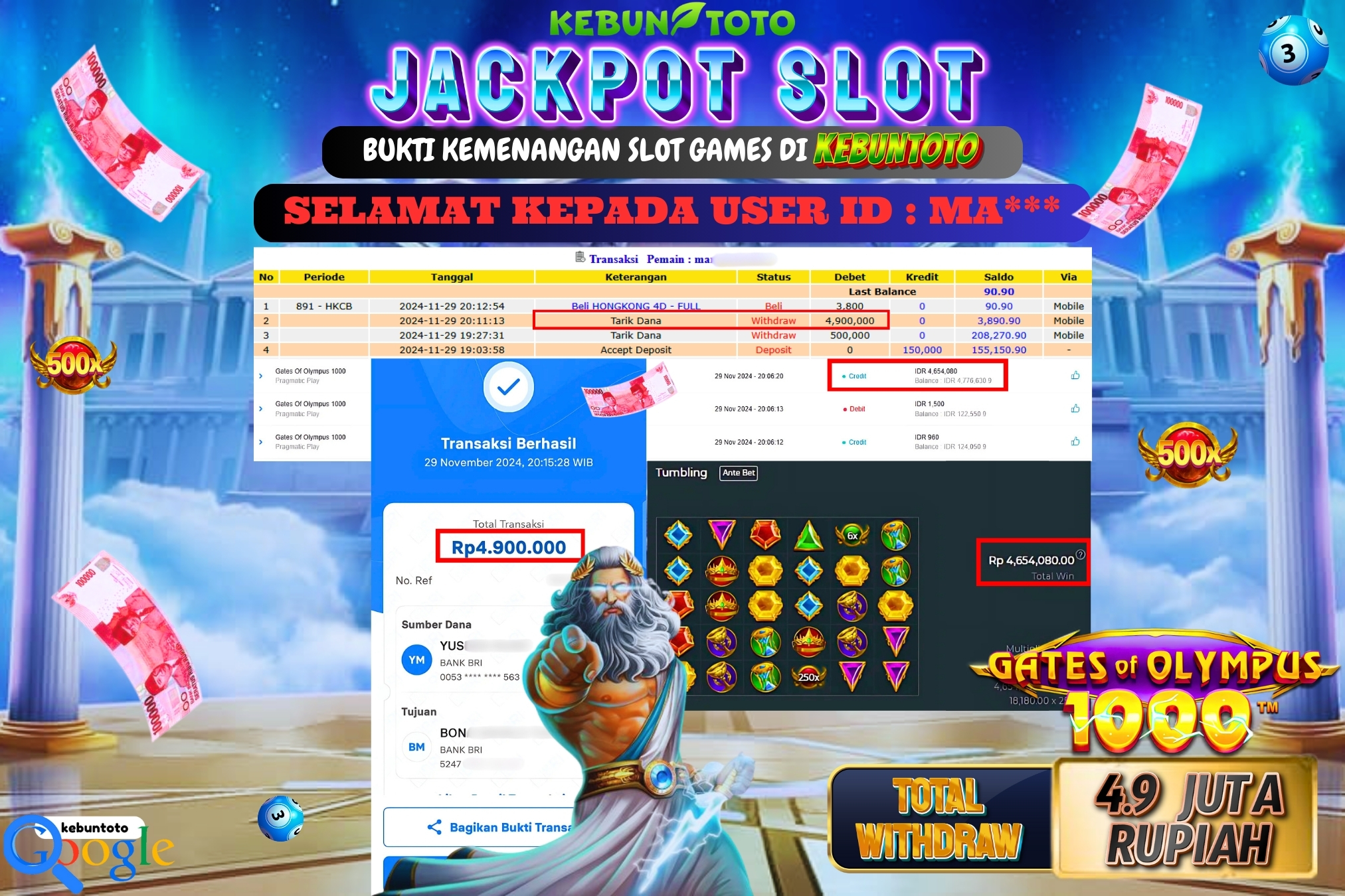 KEBUNTOTO JACKPOT SLOT GATES OF OLYMPUS 1000 Rp.4.900.000,- LUNAS