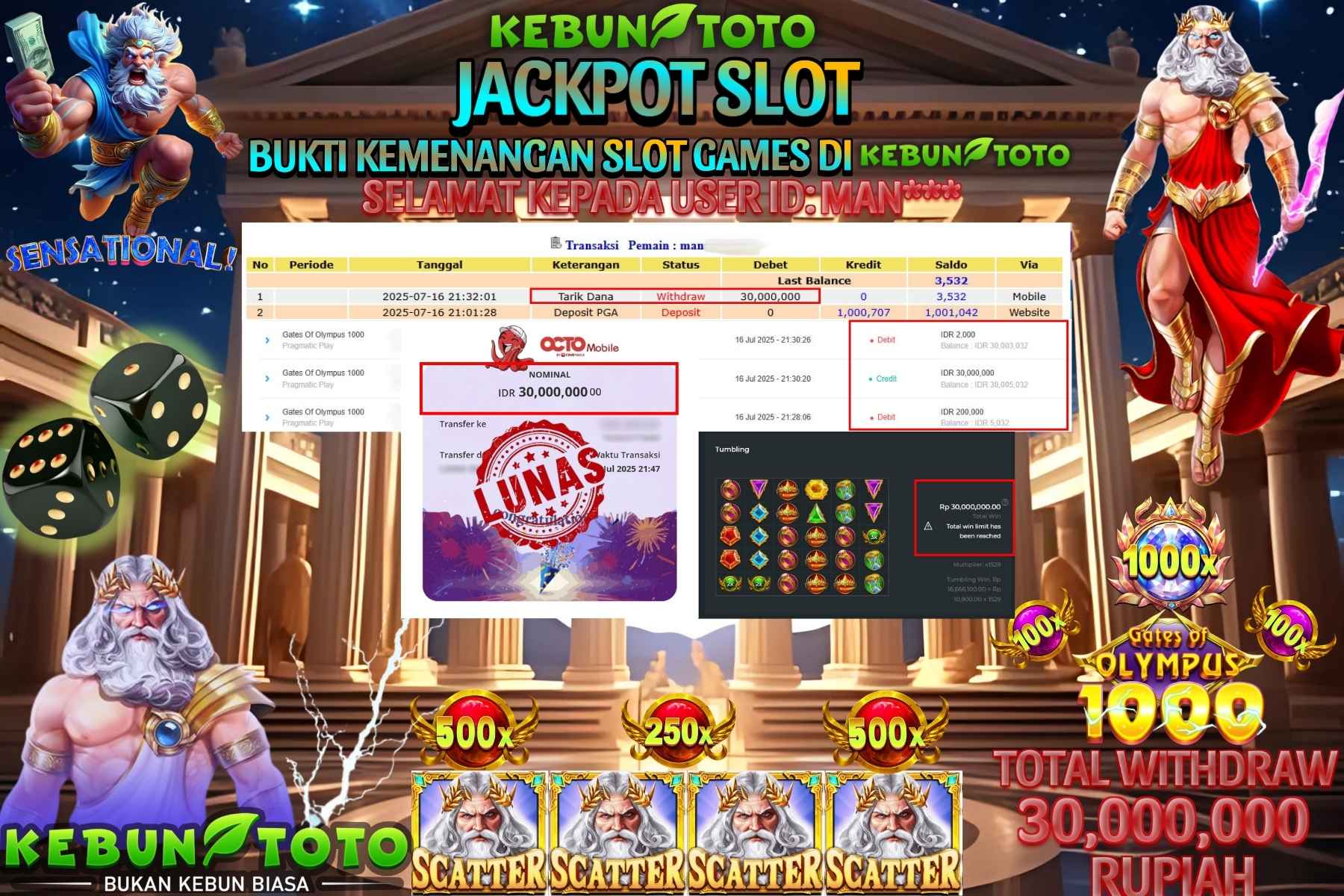 Bukti Kemenangan Rp 30.000.000 SLOT GATES OF OLYMPUS 1000 di KEBUNTOTO!