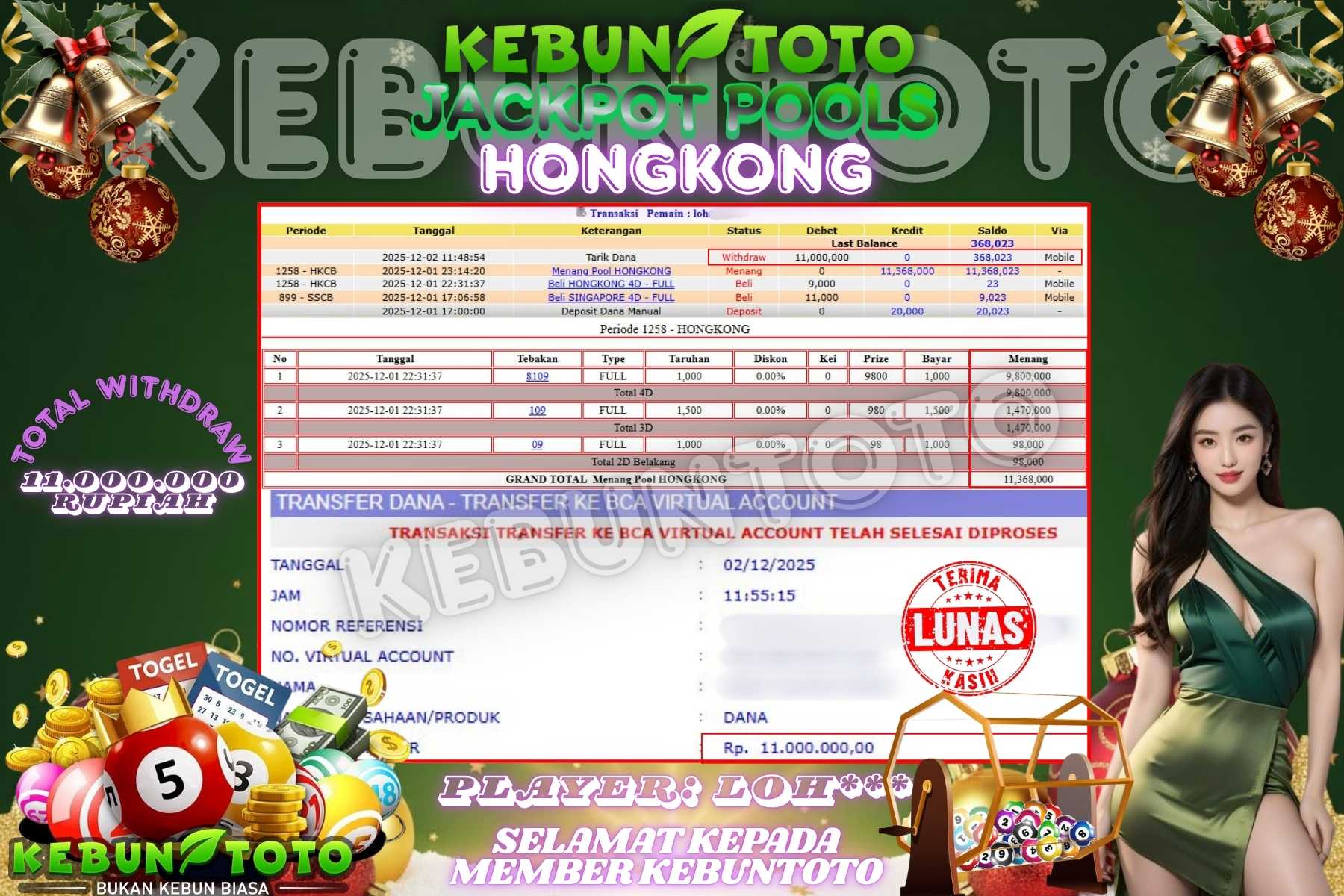 Bukti Kemenangan Rp 11.000.000 TOGEL HONGKONG di KEBUNTOTO!