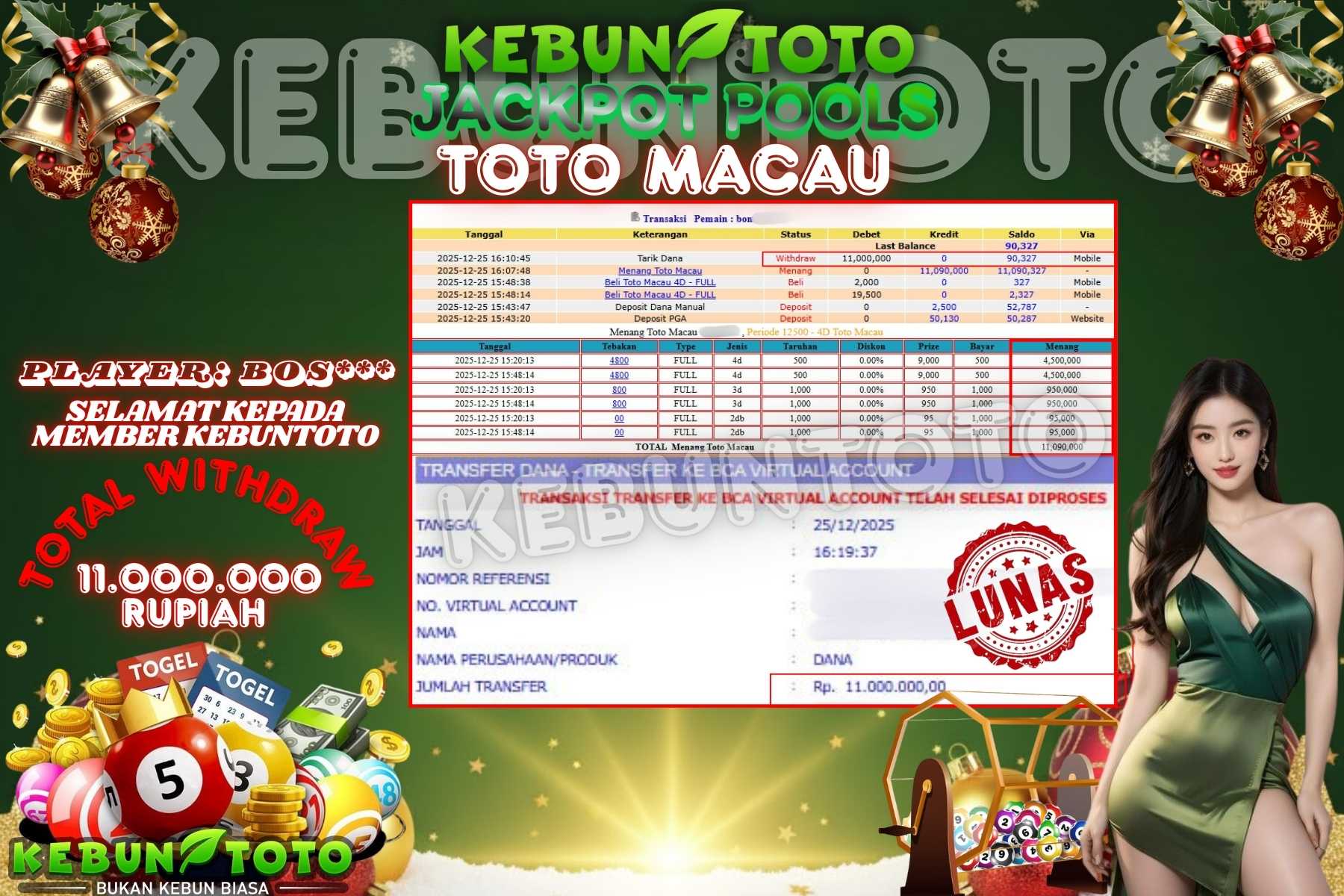 Bukti Kemenangan Rp 11.000.000 TOGEL TOTO MACAU di KEBUNTOTO!