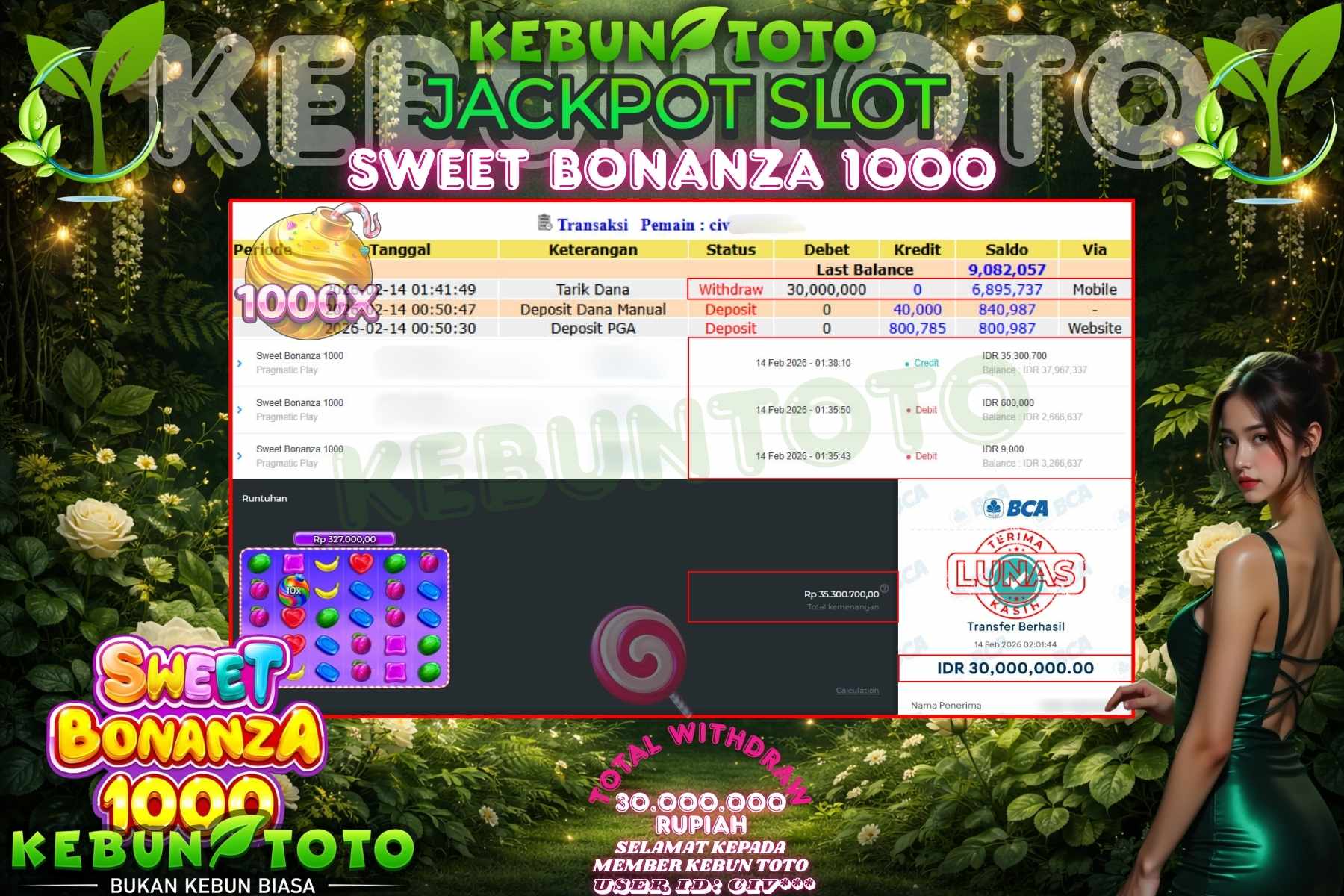 Bukti Kemenangan Rp 30.000.000 SLOT SWEET BONANZA 1000 di KEBUNTOTO!