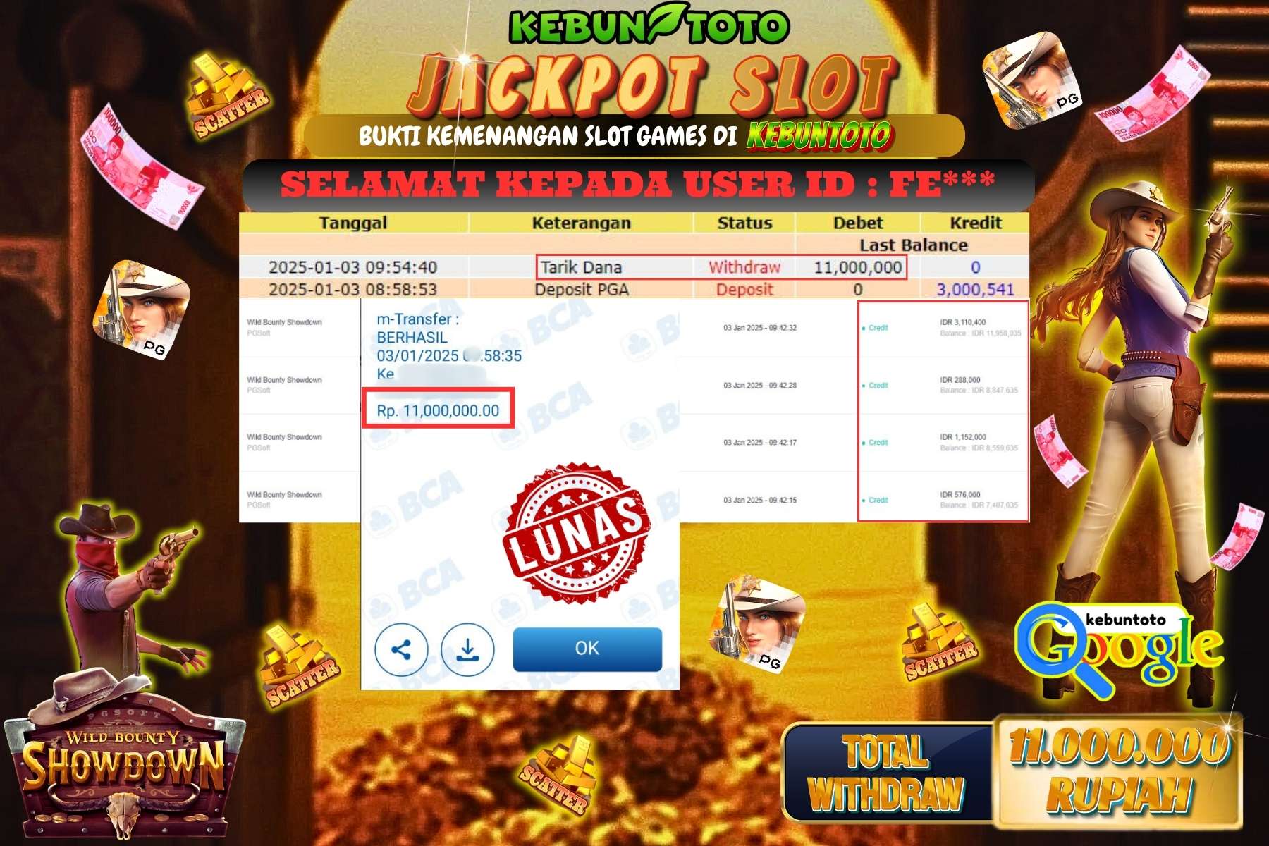 KEBUNTOTO JACKPOT SLOT WILD BOUNTY SHOWDOWN , Sebesar Rp.11.000.000,- LUNAS