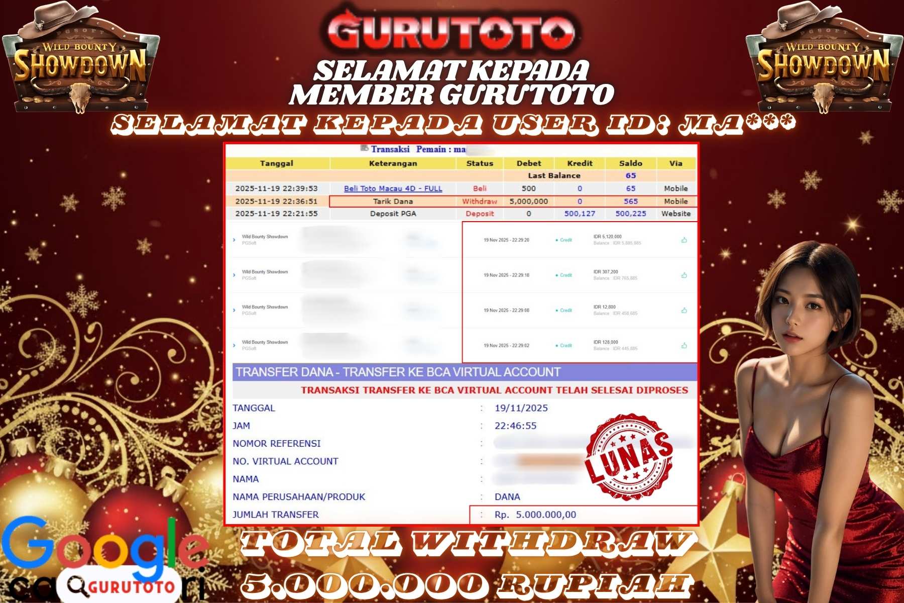 Bukti Kemenangan Rp 5.000.000 SLOT WILD BOUNTY SHOWDOWN di GURUTOTO!