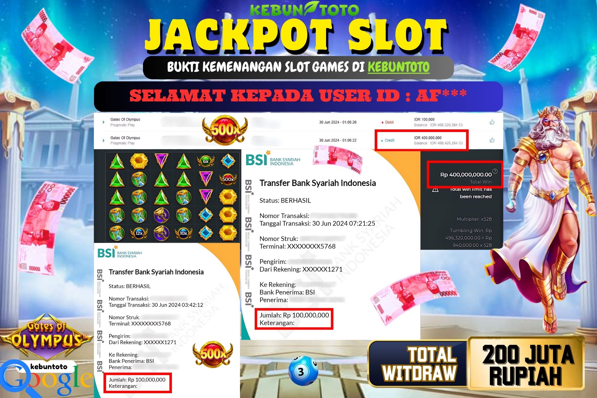 KEBUNTOTO JACKPOT SLOT GATES OF OLYMPUS Rp.200.000.000,- LUNAS