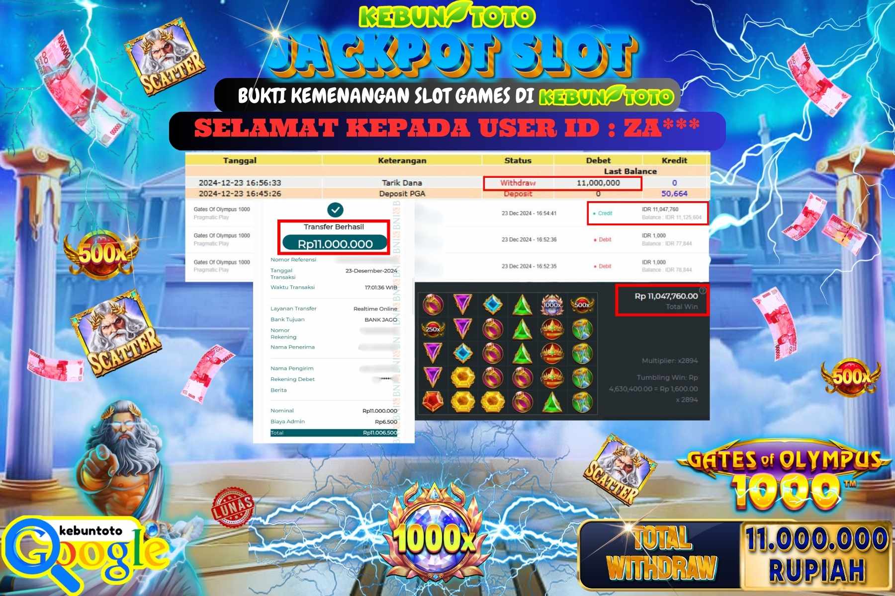 KEBUNTOTO JACKPOT SLOT GATES OF OLYMPUS 1000 , Sebesar Rp.11.000.000,- LUNAS