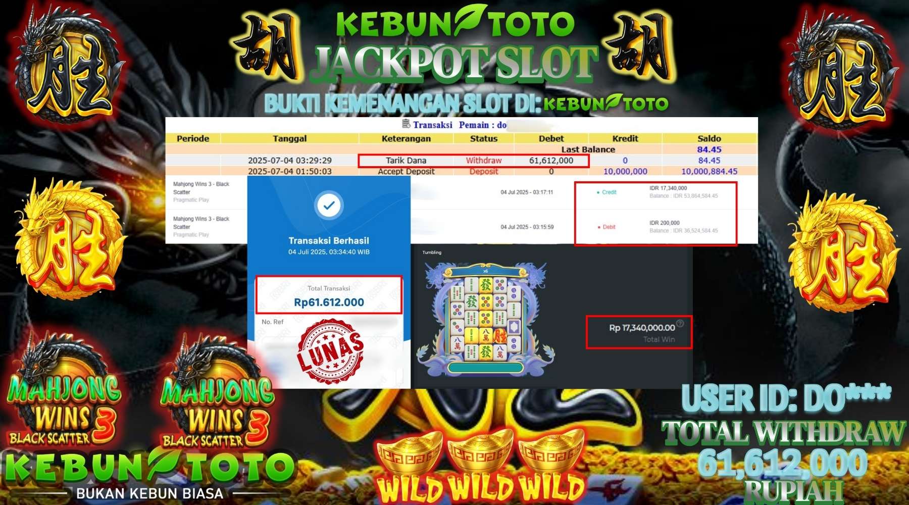 Bukti Kemenangan Rp 61.612.000 SLOT MAHJONG WINS 3 di KEBUNTOTO!