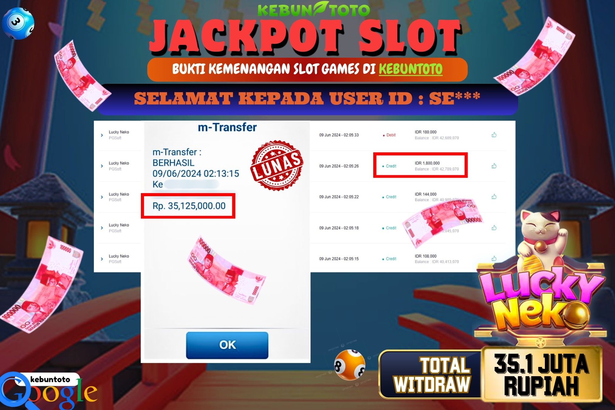 KEBUNTOTO JACKPOT SLOT LUCKY NEKO Rp.35.125.000,- LUNAS