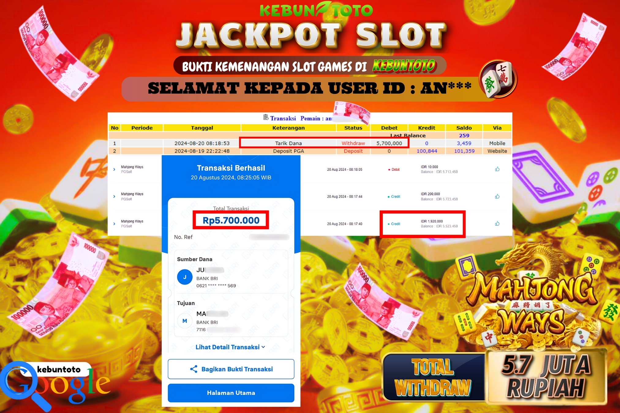 KEBUNTOTO JACKPOT SLOT MAHJONG WAYS Rp.5.700.000,- LUNAS
