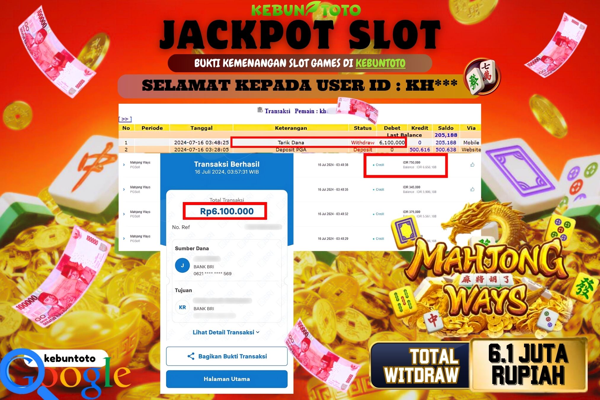 KEBUNTOTO JACKPOT SLOT MAHJONG WAYS Rp.6.100.000,- LUNAS