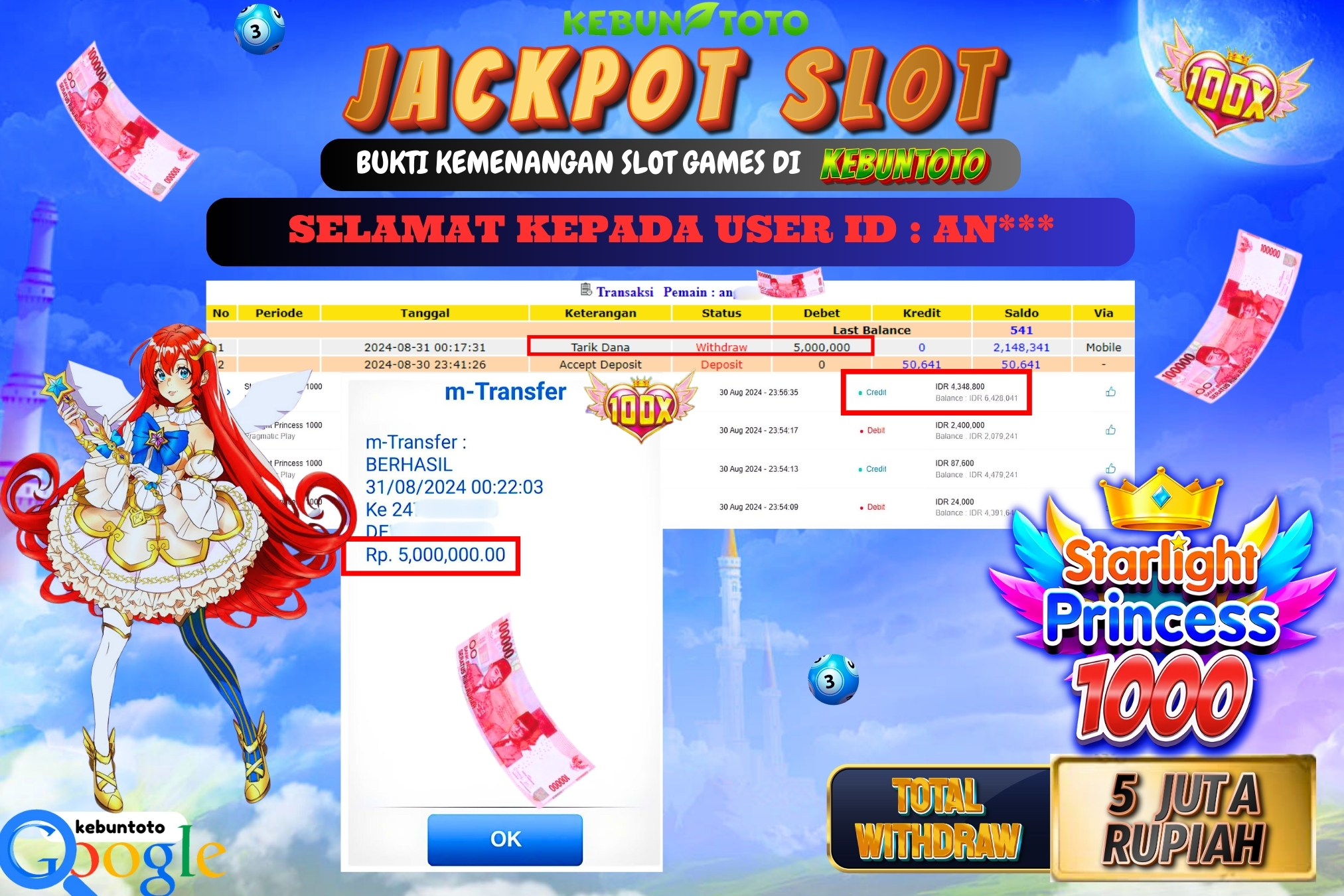 KEBUNTOTO JACKPOT SLOT STARLIGHT PRINCESS 1000 Rp.5.000.000,- LUNAS