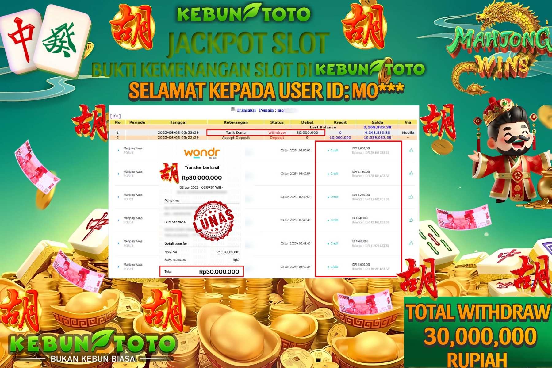 KEBUNTOTO JACKPOT SLOT MAHJONG WAYS Rp 30.000.000,- LUNAS