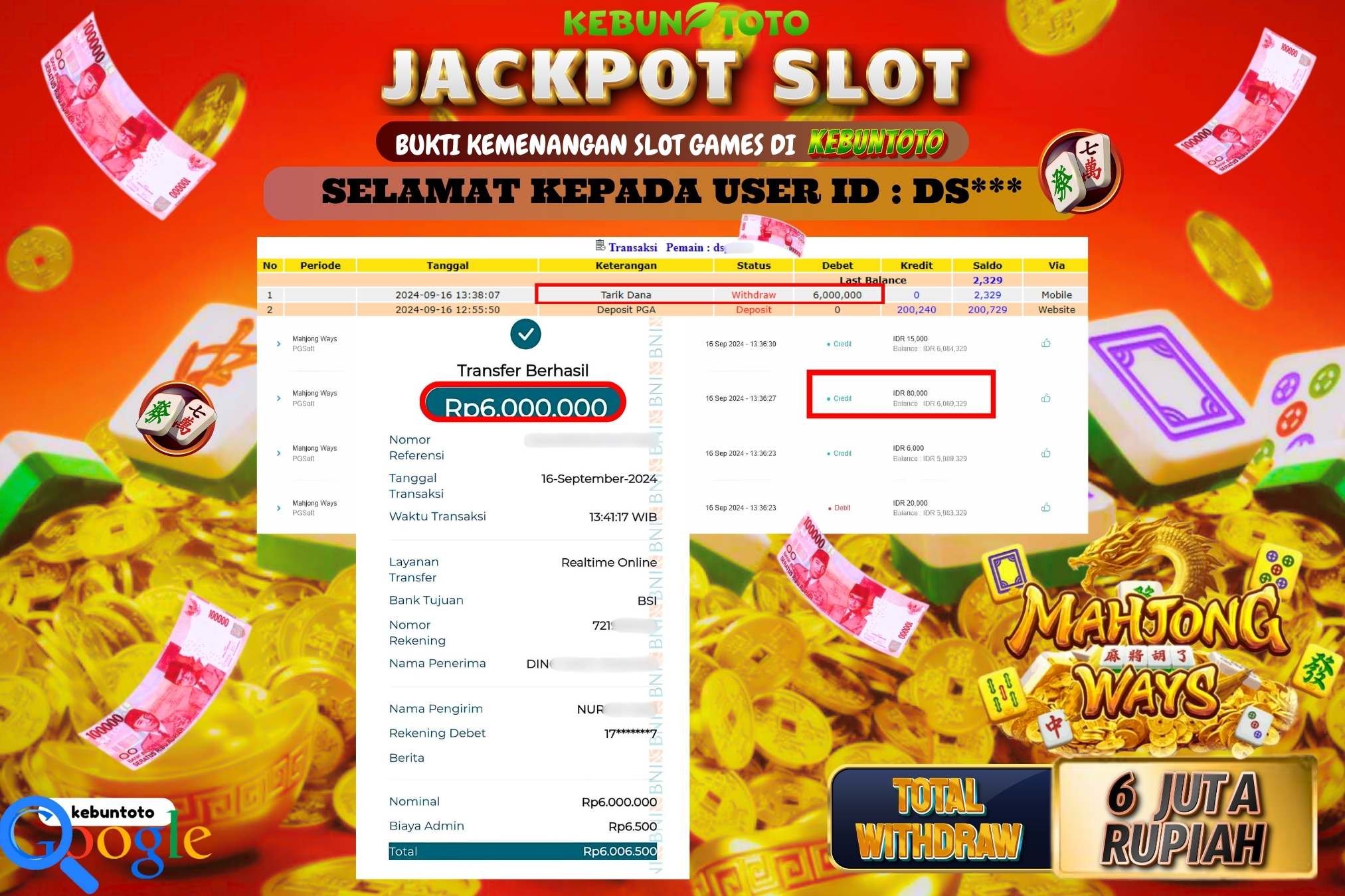 KEBUNTOTO JACKPOT SLOT MAHJONG WAYS Rp.6.000.000,- LUNAS